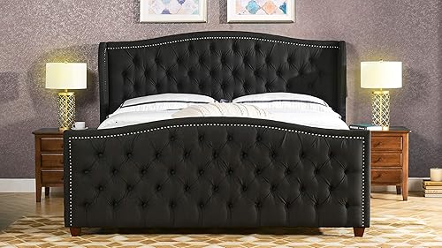 Miniatura 12 de Jennifer Taylor Home Marcella - Cama con respaldo copetudo y orejero, King, blanco brillante Poliéster blanco brillante,Terciopelo de rendimiento