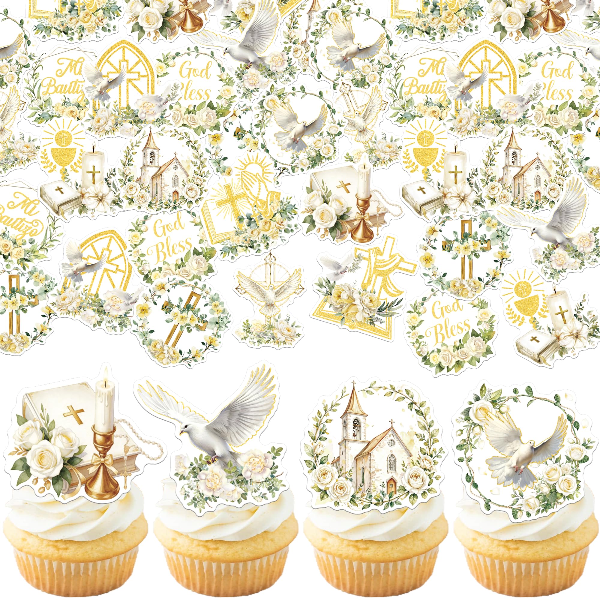 SYKYCTCY 60 Pack Edible God Bless Cupcake Toppers Edible Cross Spanish Mi Bautizo Cupcake Picks Christian Cake Decorations for Baby Shower Gender Reveal Religious Party Supplies โ image 1