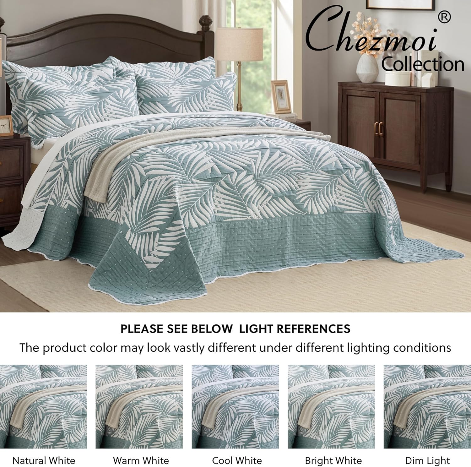 Chezmoi Collection Oversized Bedspread 128x120, Jacquard Matelasse Leaf Damask Design, 5-Piece Lightweight Reversible Microfiber Coverlet Set Textured Dot Border, Super King, Blue Sage/White