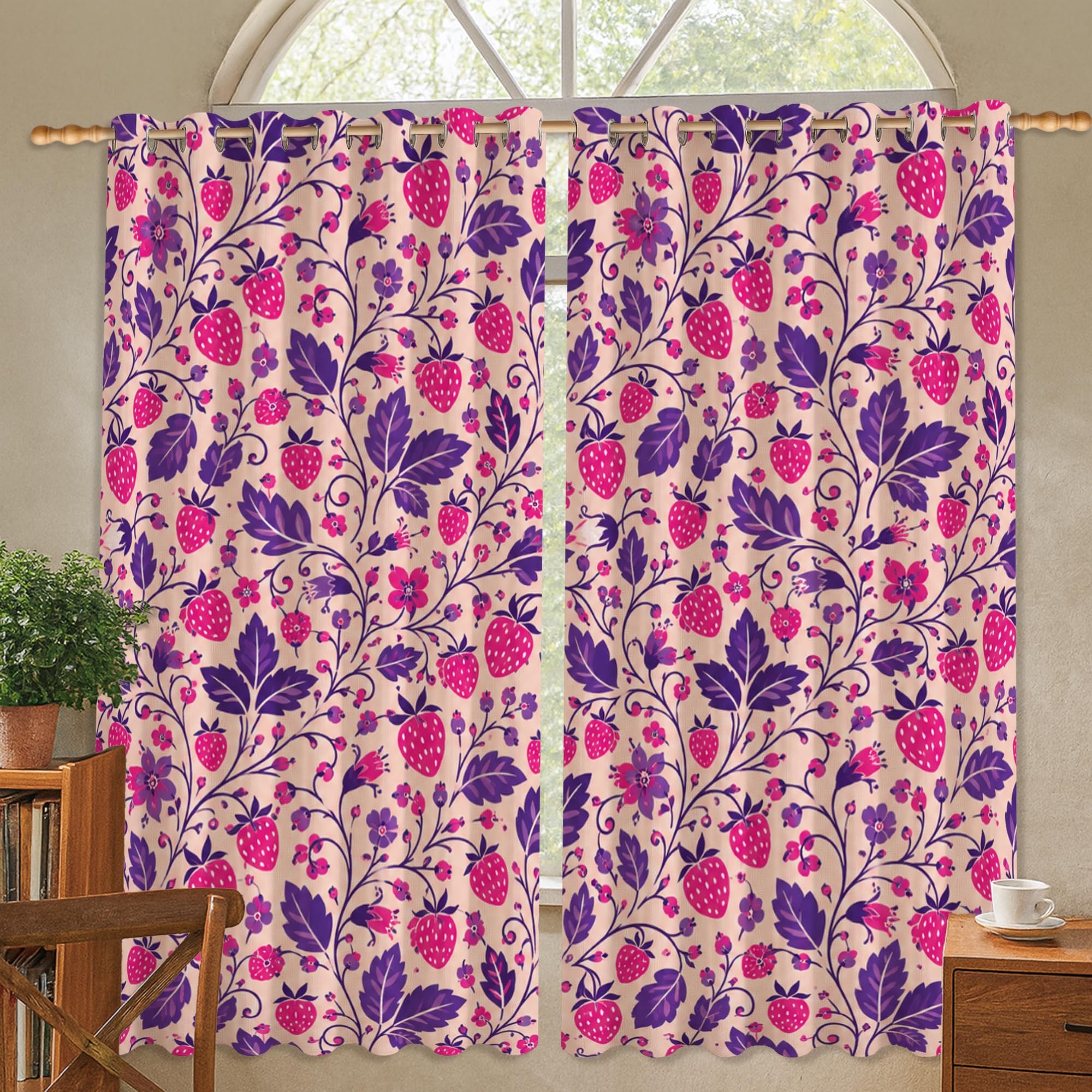 Rideaux occultants motif fraise et fleurs pour chambre 106x114 cm