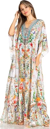 Sakkas Yeni Womens Short Sleeve V-Neck Summer Floral Long Caftan Dress Cover-up