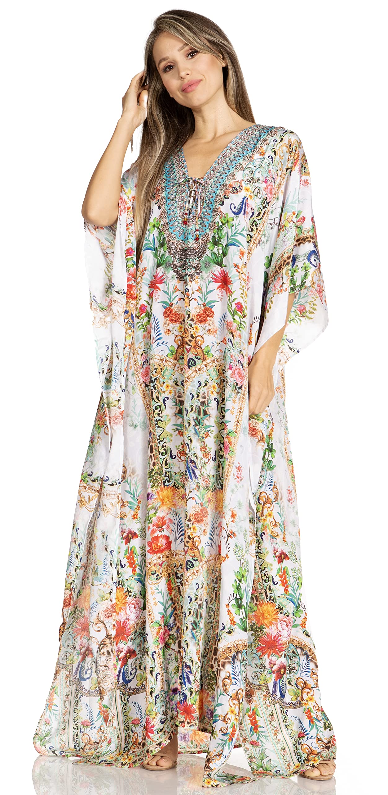 Sakkas Yeni Women's Short Sleeve V-Neck Summer Floral Long Caftan Dress Cover-up