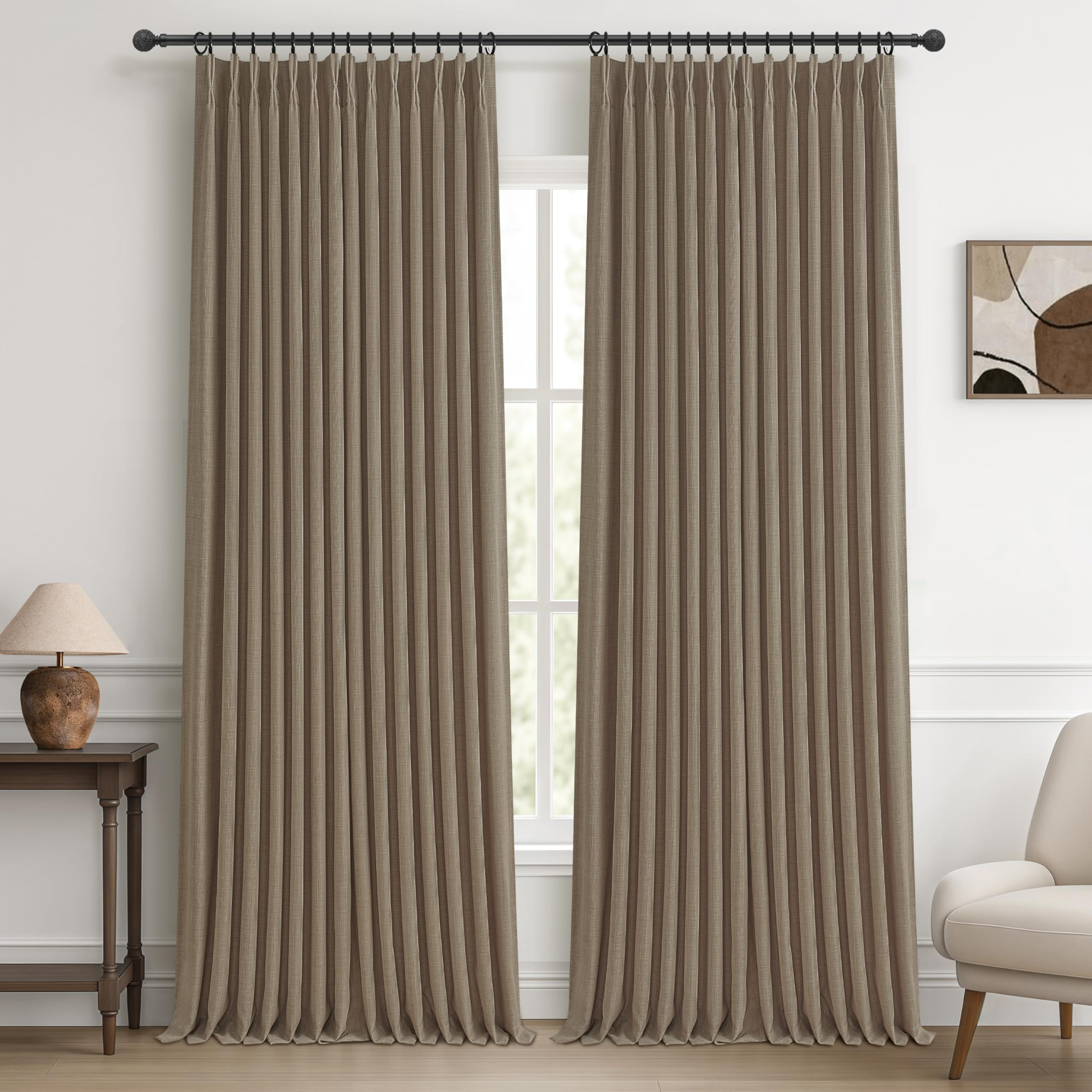 PleatedDrapes Linen Blackout Pleat Curtains for Dining Room 95 Inches Long, Memory Trained Two Layer Insulated Noise Reducing Drapes 94-96 Inch Length Black Out Country Windows Curtain 2 Panels Set