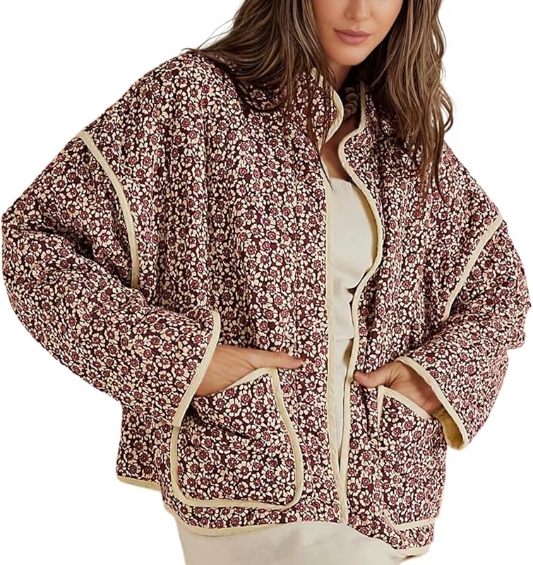 Omoone Women Cropped Quilted Jacket Floral Printed Lightweight Puffer Coat