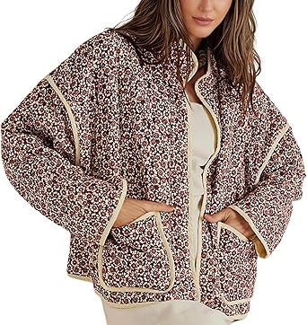 Omoone Womens Cropped Quilted Jacket Floral Printed LightWeight Padded Puffer Cardigan Coat Outwear