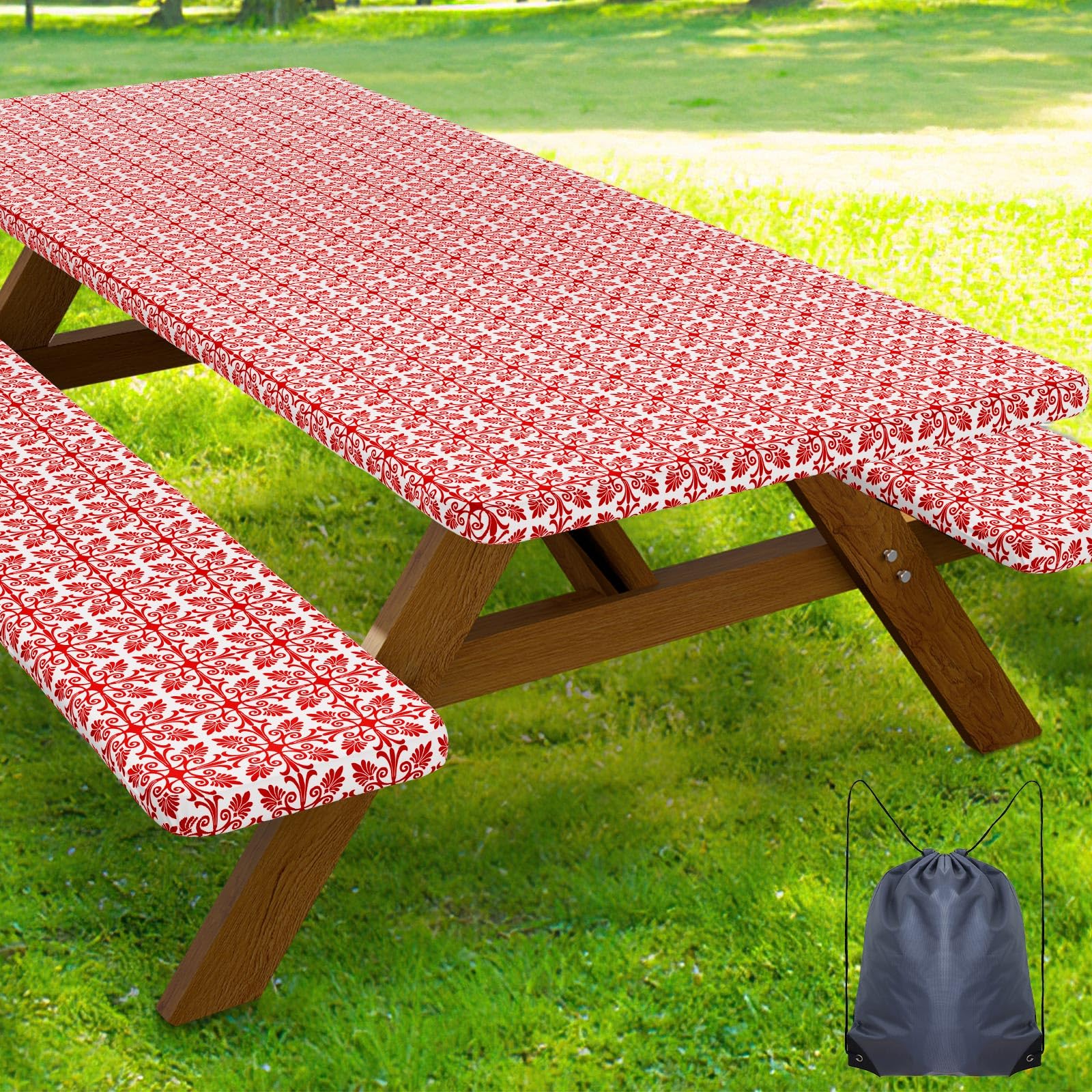 Smiry Picnic Table Cover with Bench Covers, Waterproof Elastic Fitted Tablecloth for 6 Foot Tables, Washable Polyester Tablecloths for Camping, Indoor &amp; Outdoor (Rose Red &amp; White, 30x72 Inch 3-pc Set)