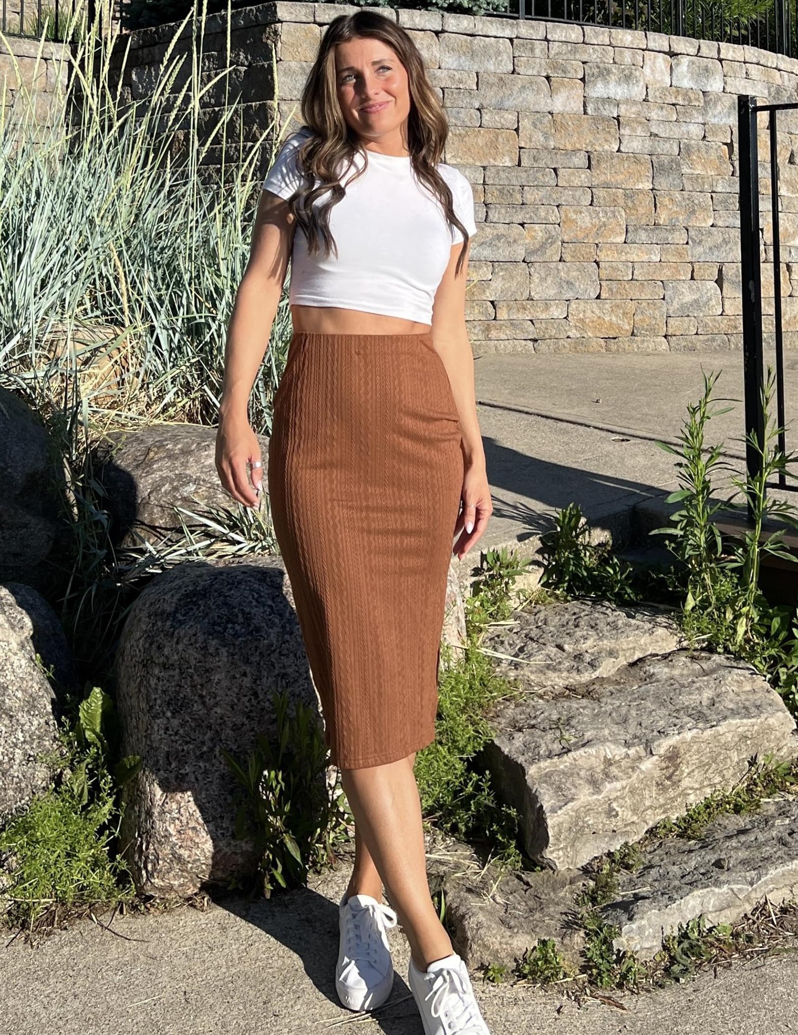 Zeagoo Womens Knit Midi Skirts Casual Pencil Skirt High Waisted Long Skirts with Slit Elegant Work Office Skirts