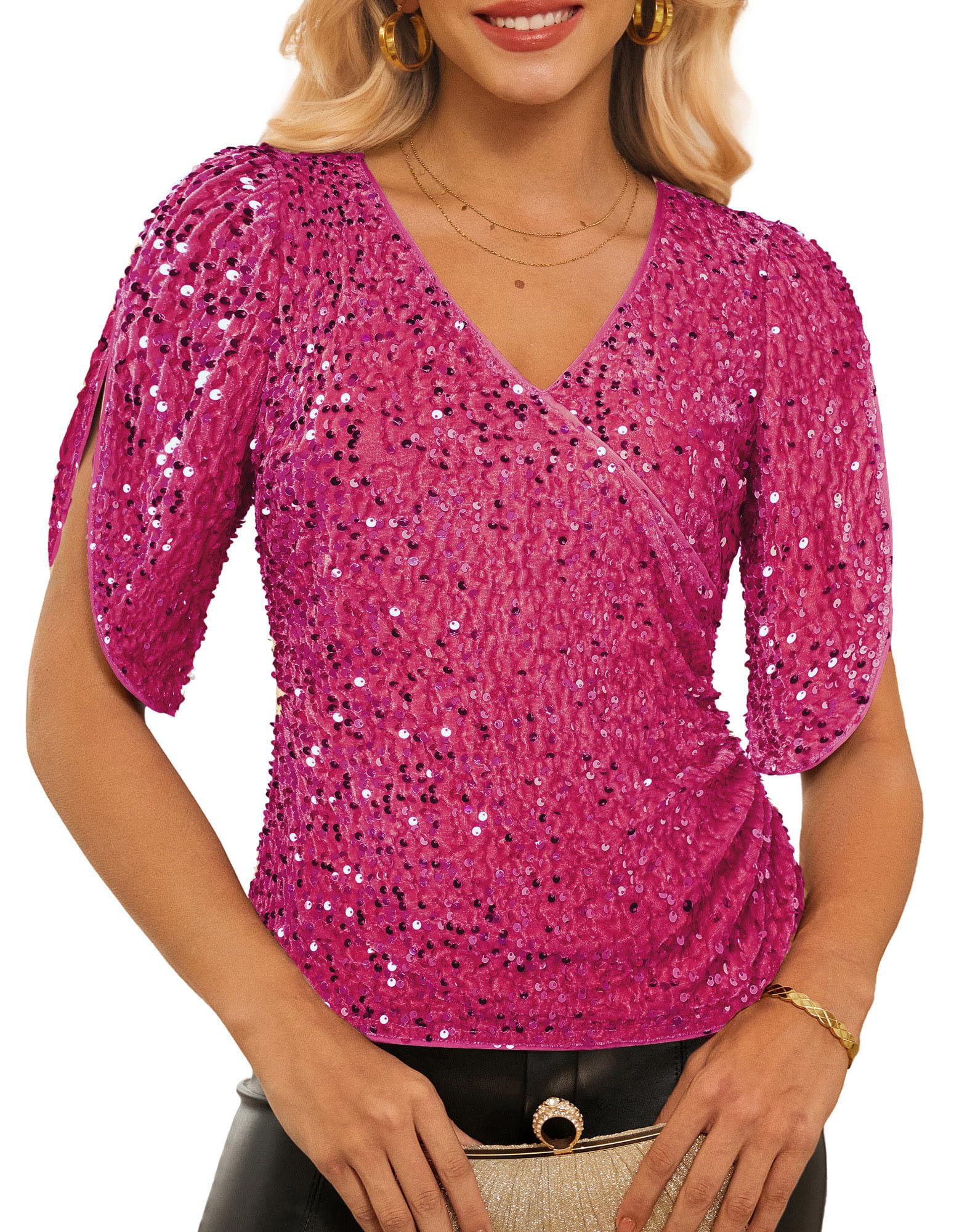 GRACE KARIN Damen-Blusen mit 3/4-Ärmeln, Pailletten, V-Ausschnitt, Samt, gerüscht, 2025, glitzernd, trendiges Party-Outfit