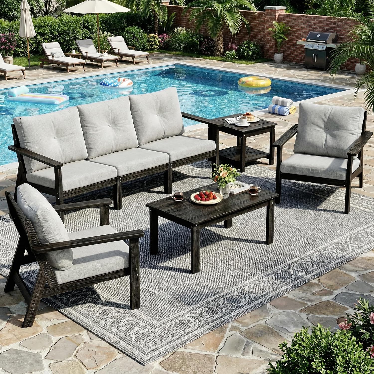 7-Piece HDPE Patio Furniture Set, Outdoor Sectional Sofa Set,All Weather Outdoor Couch with Dust-Free Cushions, Durable Patio Conversation Sets for Balcony, Porch, Black