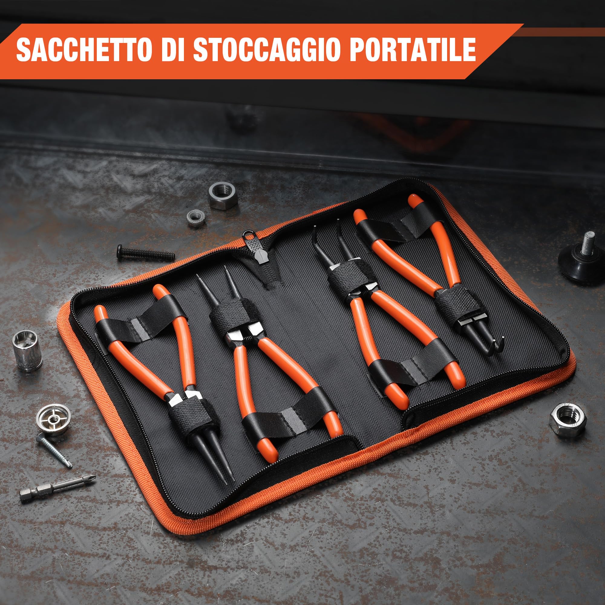 ValueMax Set di 4 Pinze per Anelli di Sicurezza 165mm e 180mm, Pinza per Seeger con Borsa Portatile, Punte Dritte e Curve per Bloccaggio Interno ed Esterno