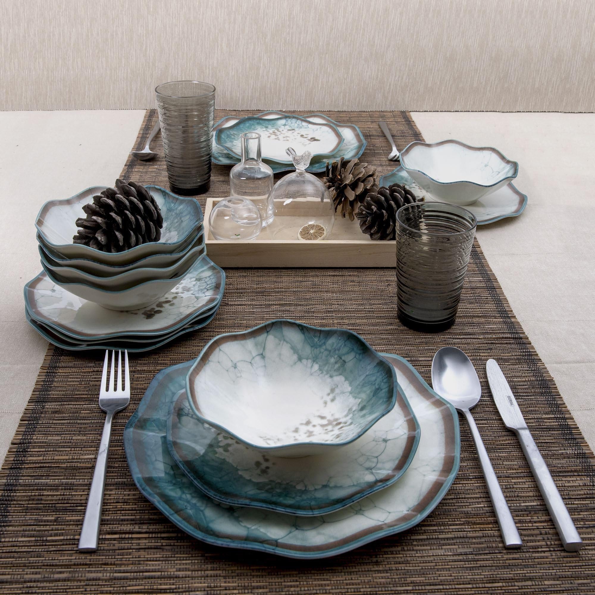 Elegancki 24-częściowy zestaw obiadowy, 100% porcelana, w zestawie talerze serwisowe, miski i talerze deserowe, można myć w zmywarce i używać w kuchence mikrofalowej, idealny na każdą okazję