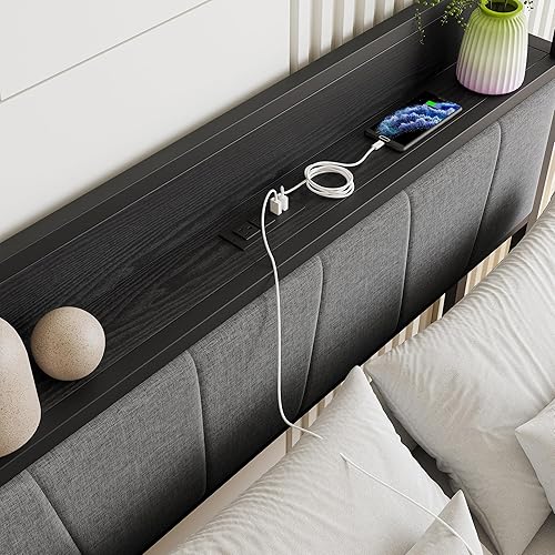 Miniatura 5 de BOFENG Base de cama de tamaño matrimonial negro con cabecera de almacenamiento, plataforma tapizada de metal, marco de cama doble tamaño matrimonial