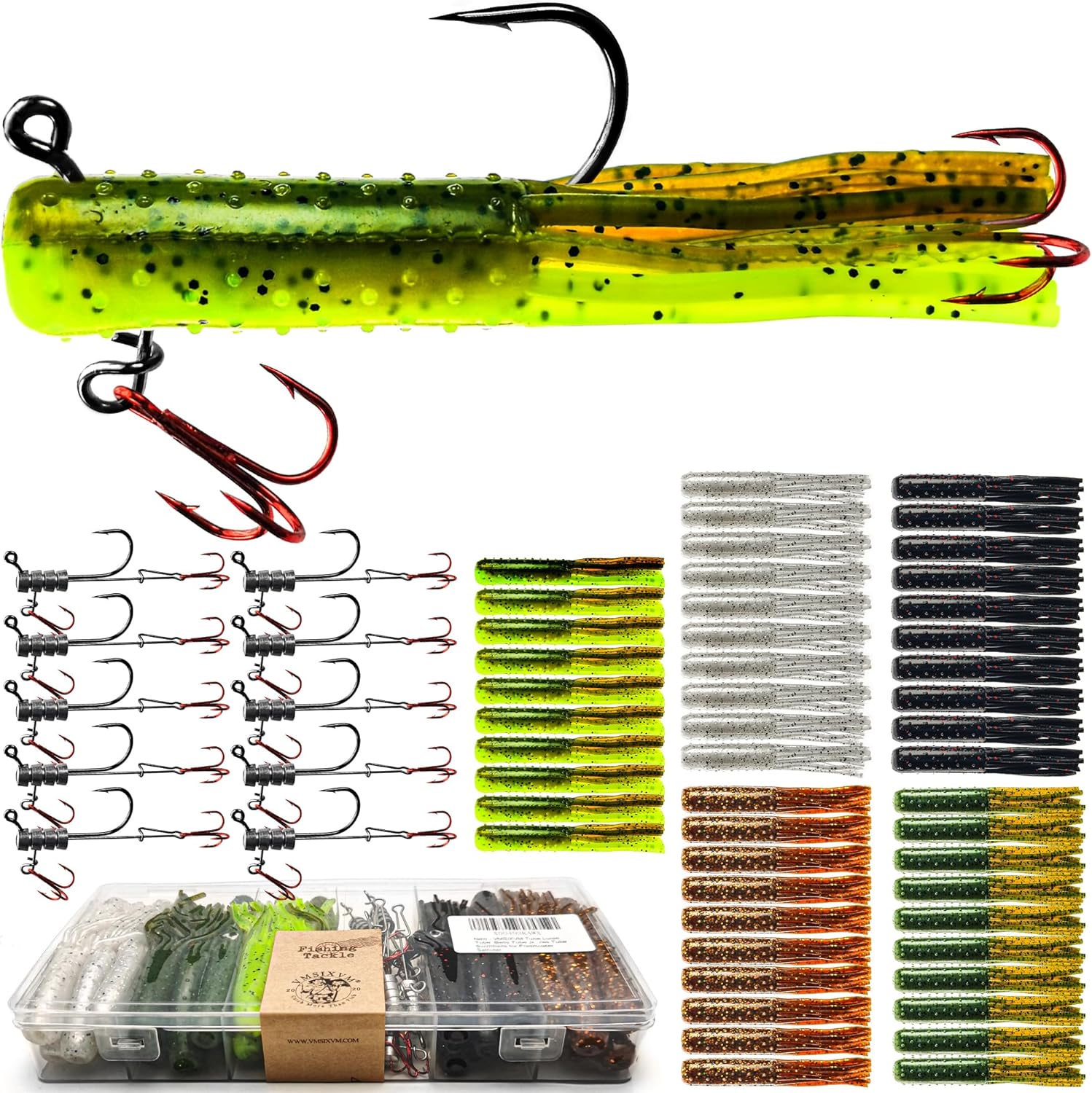 80/65/60 Pcs Tube Lures with Soft Plastic Baits Worms Jig Heads for Bass Fishing, Tube Jigs Hooks Rigs Crappie Lures for Freshwater Saltwater