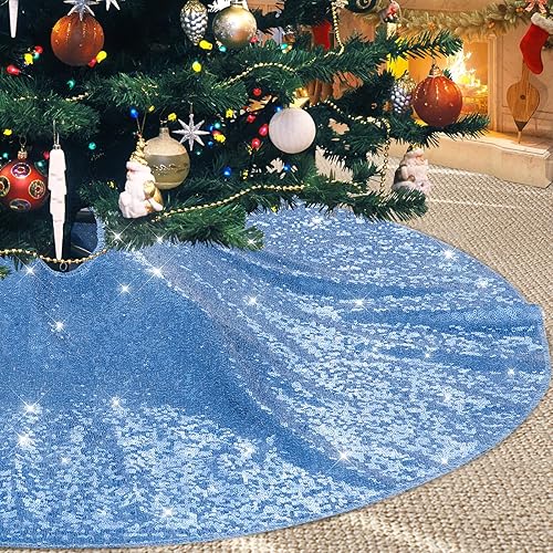 Miniatura 23 de Poise3EHome Falda de árbol de Navidad plateada, tapete de árbol de Navidad de lentejuelas de 50 pulgadas para decoraciones de árbol de Navidad de 9