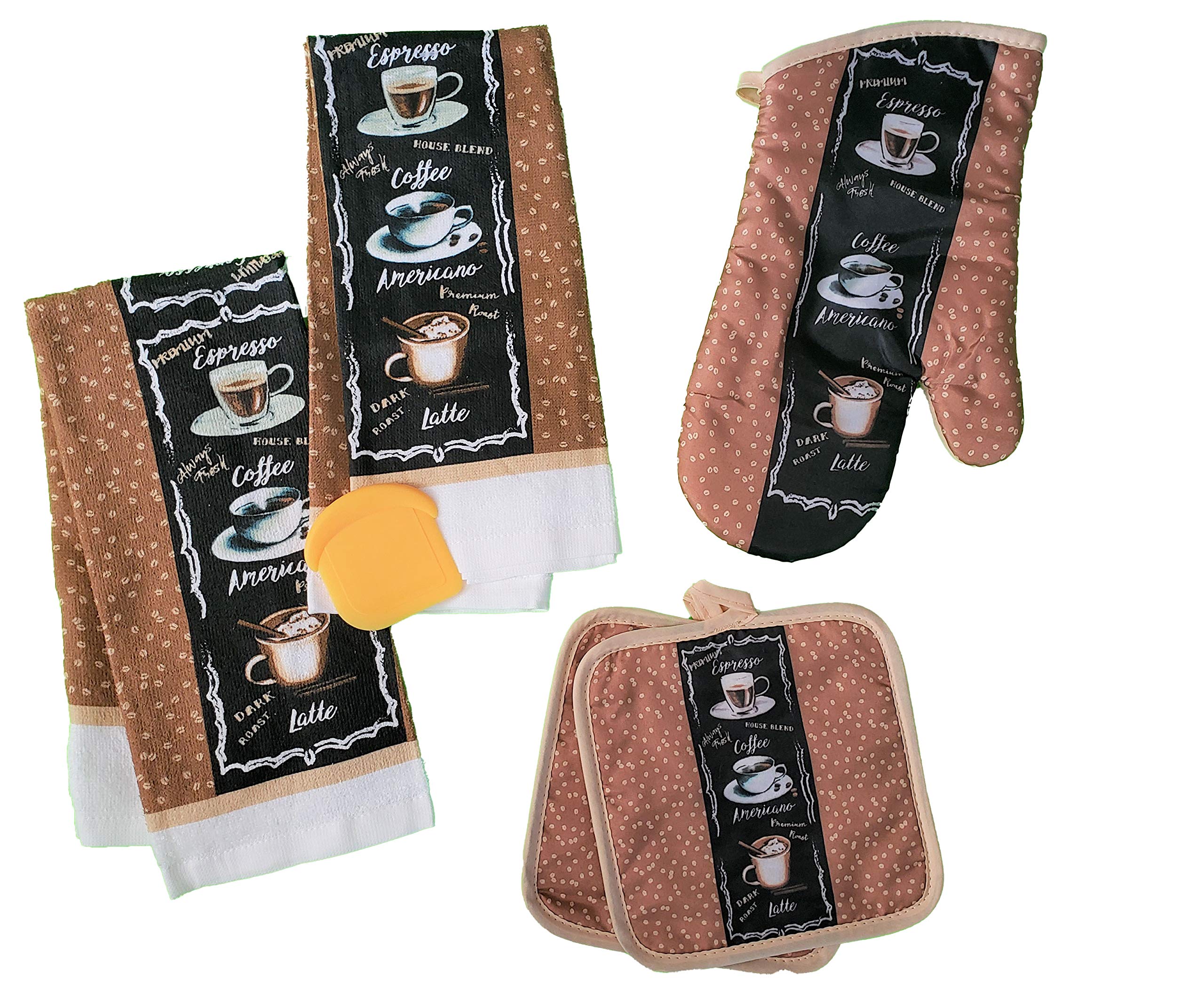 Farmhouse Style Coffee Theme Sentiment Kitchen Towel Set with 2 Quilted Pot Holders, 2 Dish Towels and 1 Oven Mitt with Bonus Nylon Pan Scraper (Latte)