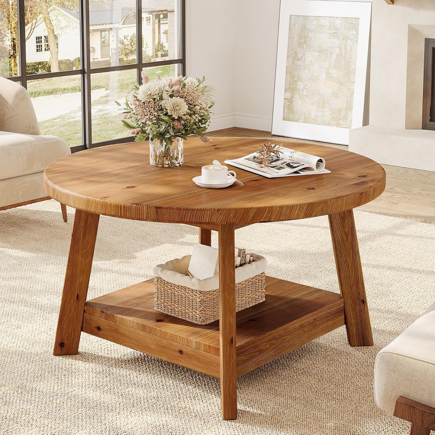 Solid Wood Round Coffee Table for Living Room, 31.5” Farmhouse Wooden 2-Tier Circle Center Cocktail Accent Table with Storage Shelf and Tapered Legs for Apartment, Small Space, Brown