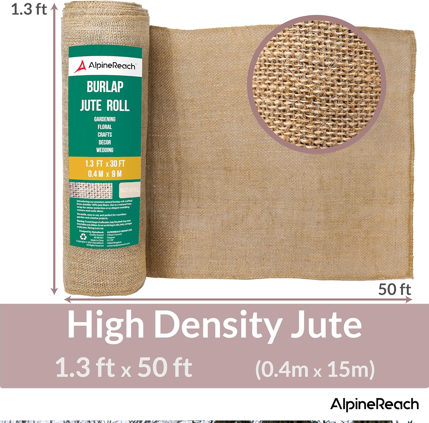 AlpineReach Burlap Fabric Roll 1.3ft x 50ft - Multipurpose Natural Jute for Tree & Plant Frost Protection, Wedding Runner Decorations, Home Center Pieces, Rustic Fiber Party Décor, Gardening