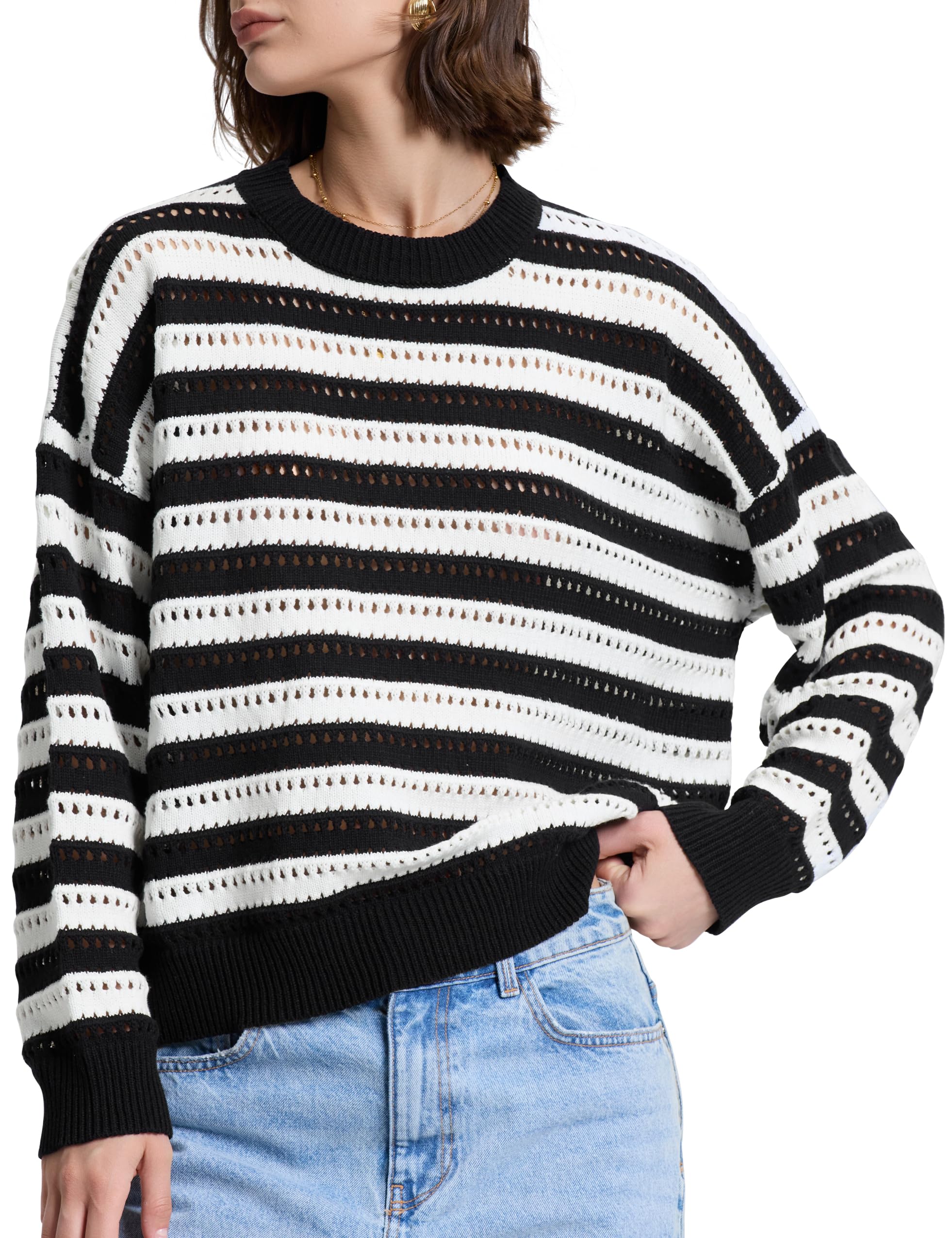 PrettyGuide Women's Crochet Sweaters Crew Neck Long Sleeve Cute Hollow Out Cotton Pullover Knit Tops