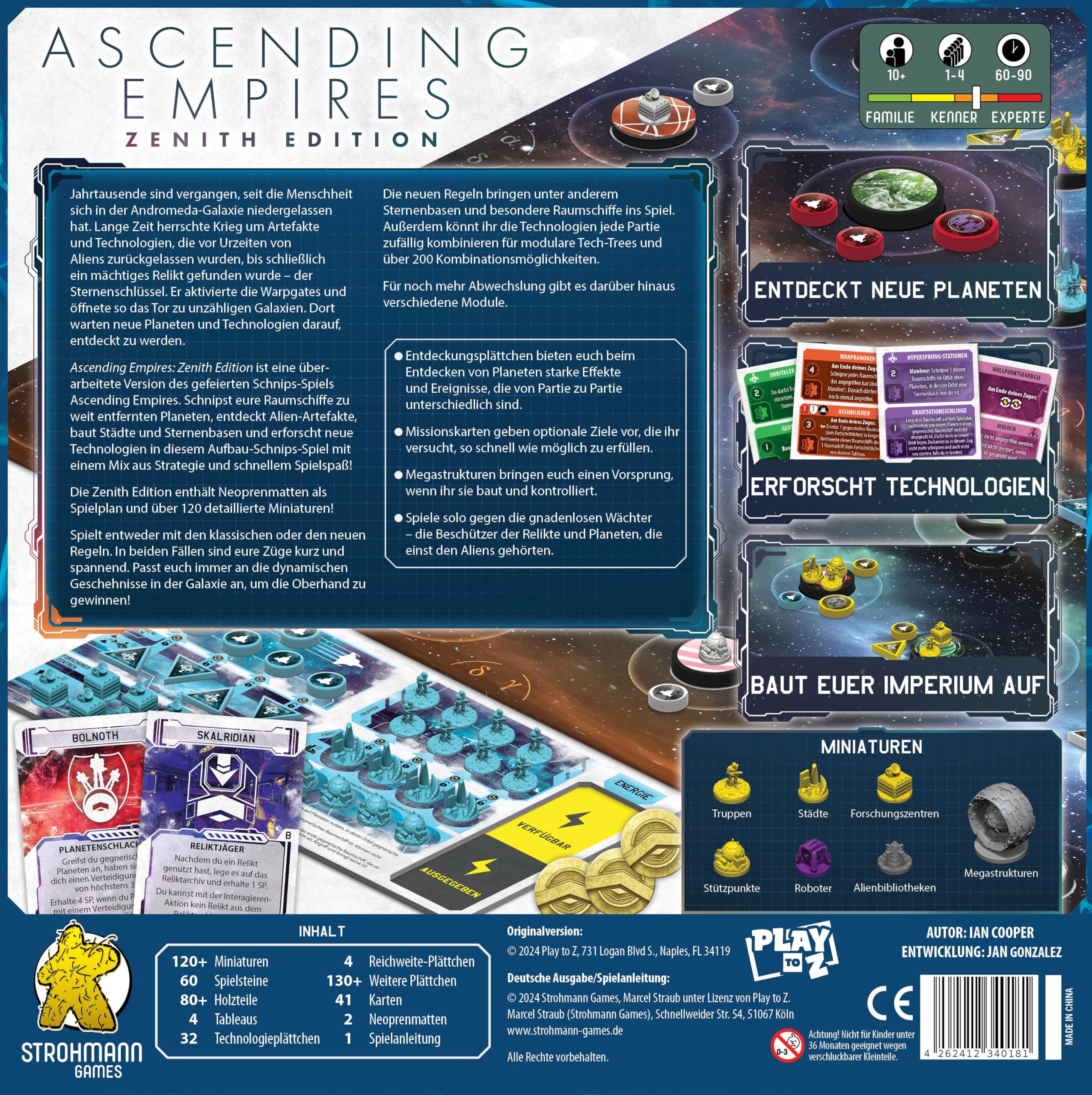 Strohmann Games, Ascending Empires, Kennerspiel, Brettspiel, 1-4 Spieler, ab 10+ Jahren, 60-90 Minuten, Deutsch, Grau, Blau, Grün