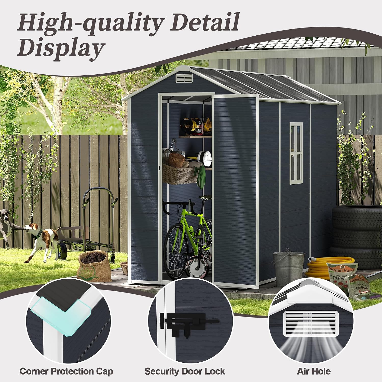 4x8 FT Outdoor Storage Shed, Plastic Garden Shed with Floor, Resin Storage Shed with Window, Waterproof Outside Tool Shed with Lockable Hinged Door & Air Vents for Backyard, Patio, Lawn, Dark Gray