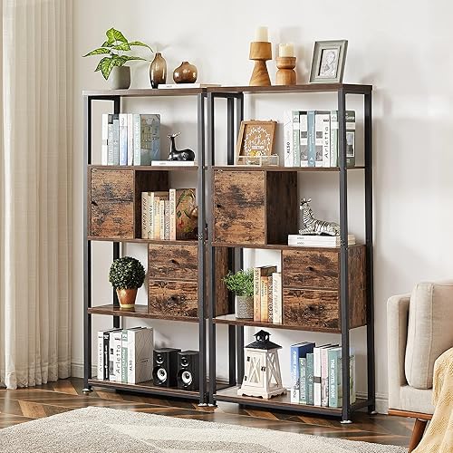 Miniatura 4 de VECELO Estantería industrial con puertas y cajones, estantería industrial de 4 niveles, armario de almacenamiento para libros, fotos, decoraciones,