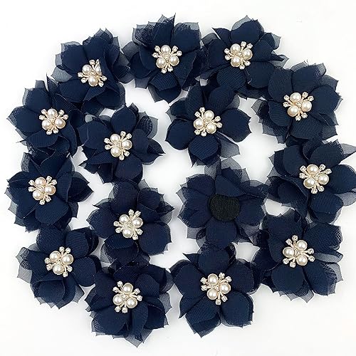 Miniatura 2 de Heyiwell 15 lazos de flores de tela de gasa, cuentas de diamantes de imitación, centro de racimo para bricolaje, clip para el cabello, apliques de