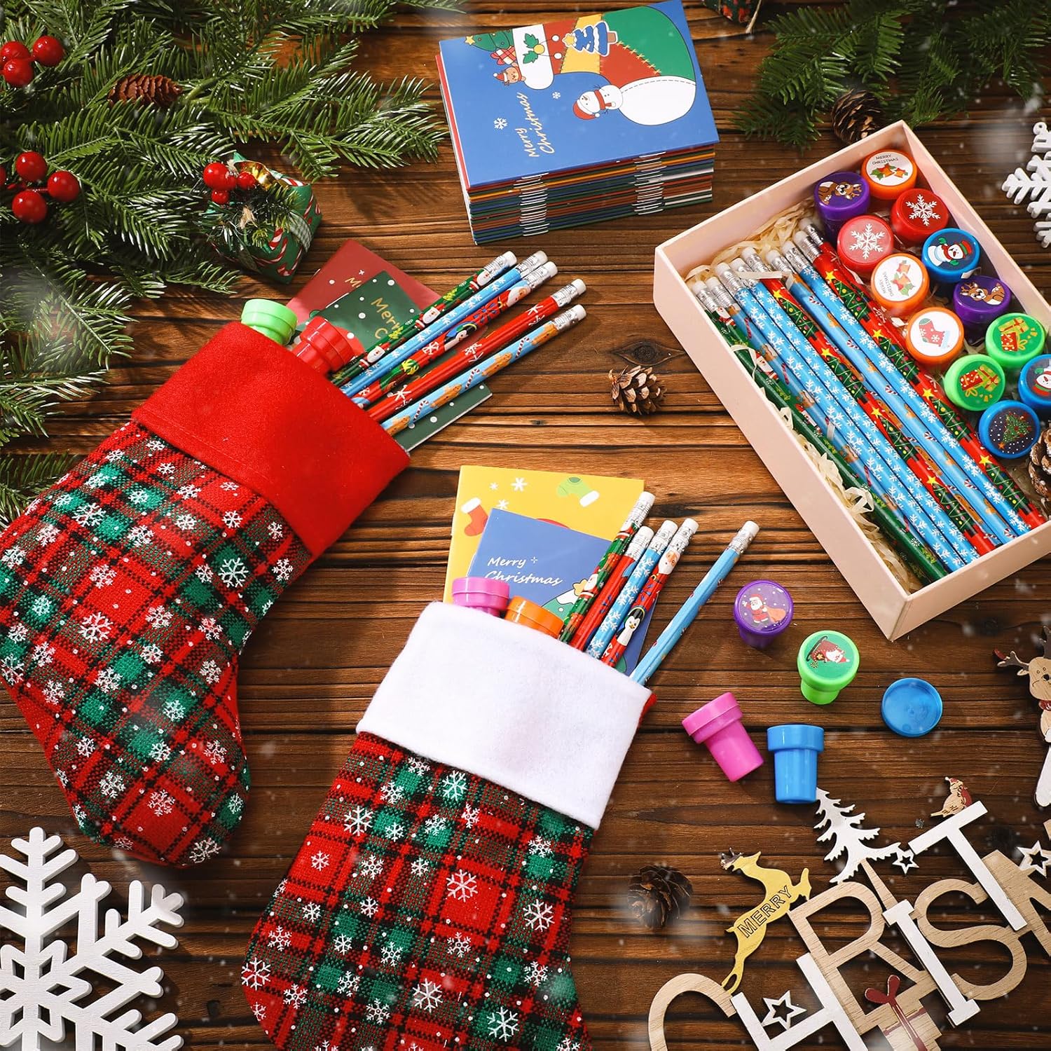 96 Pcs Christmas Stationery Party Favors Xmas Bulk Gifts Stuffers Includes Small Christmas Stockings Pencils with Erasers Stampers Notebook for Xmas Gift Exchange Prize