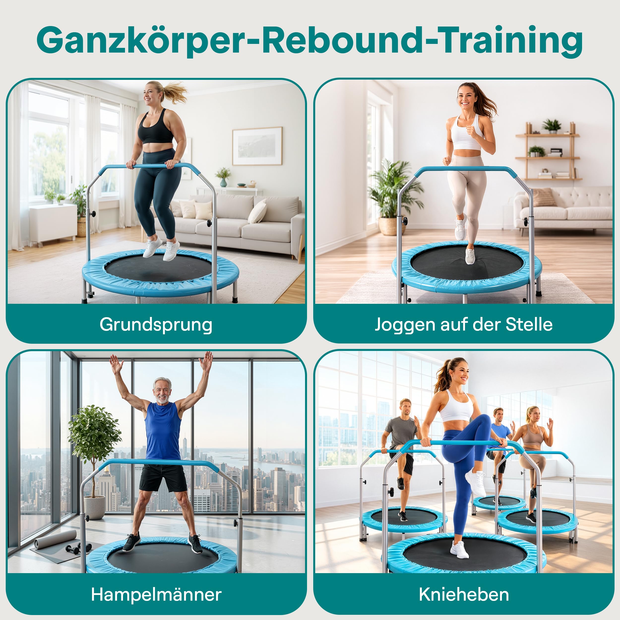 SereneLife Fitness Trampolin Indoor, Ø 102 cm – Faltbarer Rebounder mit Rückprall & Höhenverstellbarem Griff, Bis 150KG, ideal für Zuhause, Cardio, Sport & Training