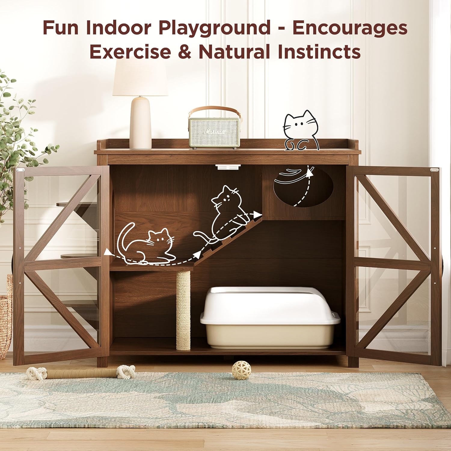 Large Litter Box Enclosure with Sisal Scratch Post, Multi-Level Climbing Route, Cat Litter Box Furniture with Glass Door, Farmhouse Hidden Litter Box Cabinet, Cat Box Enclosure, Walnut