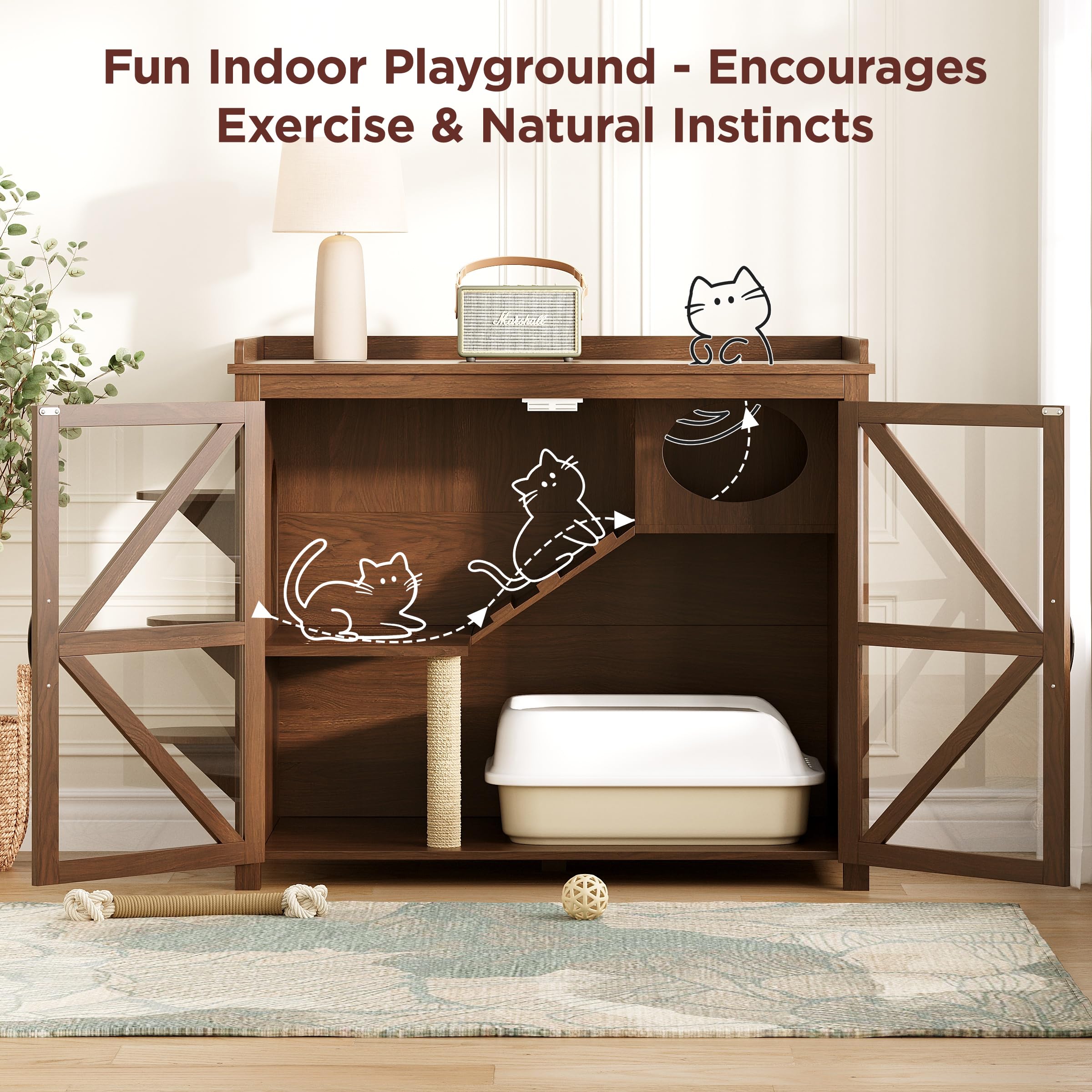 Large Litter Box Enclosure with Sisal Scratch Post, Multi-Level Climbing Route, Cat Litter Box Furniture with Glass Door, Farmhouse Hidden Litter Box Cabinet, Cat Box Enclosure, Walnut - image 5