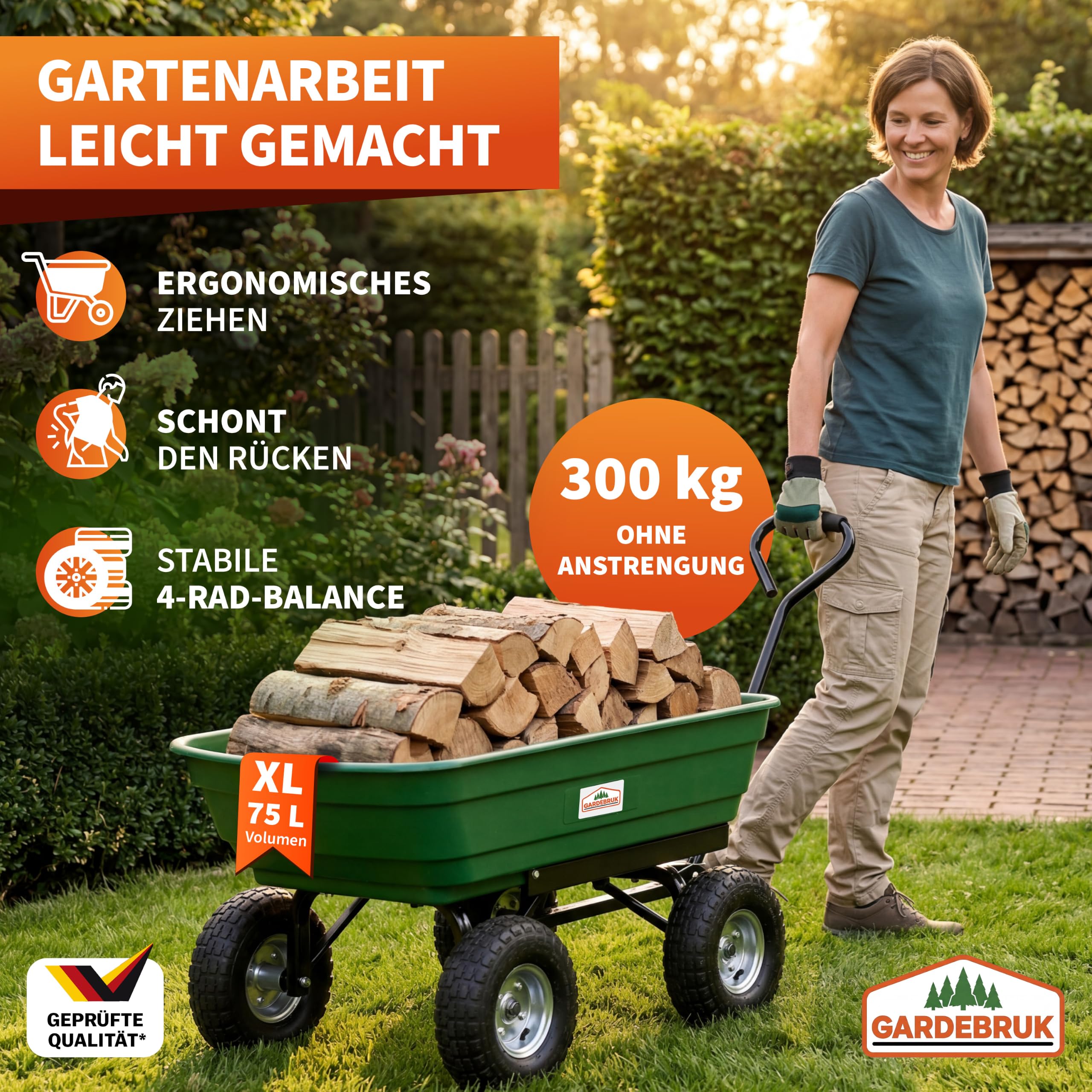GARDEBRUK® Bollerwagen mit Kippfunktion 300kg Belastbar 4 Profil Gelände Räder Luftbereift Lenkachse 75L Groß Transportwagen Handwagen Gartenwagen