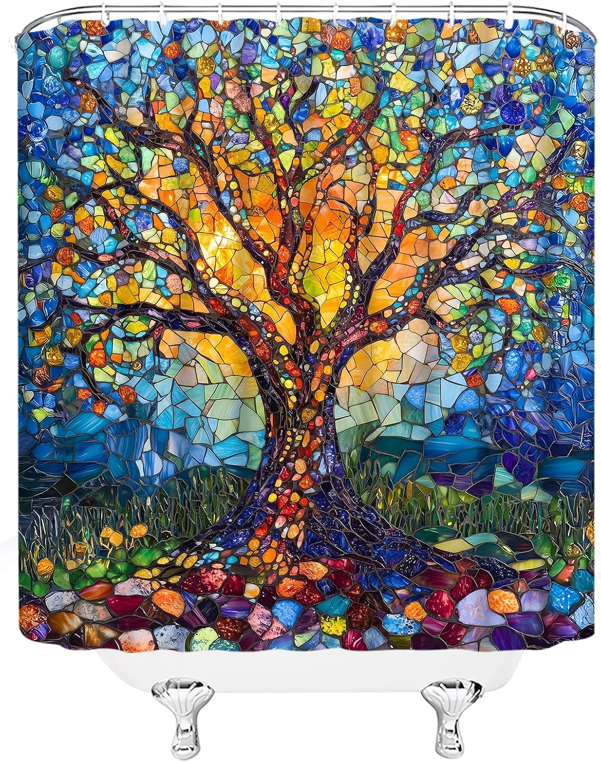 Tree of Life Shower Curtain Abstract Stained Glass Seasons Nature Fantasy Modern Fabric Bathroom Decor Set with Hooks(70" Wx70 H)