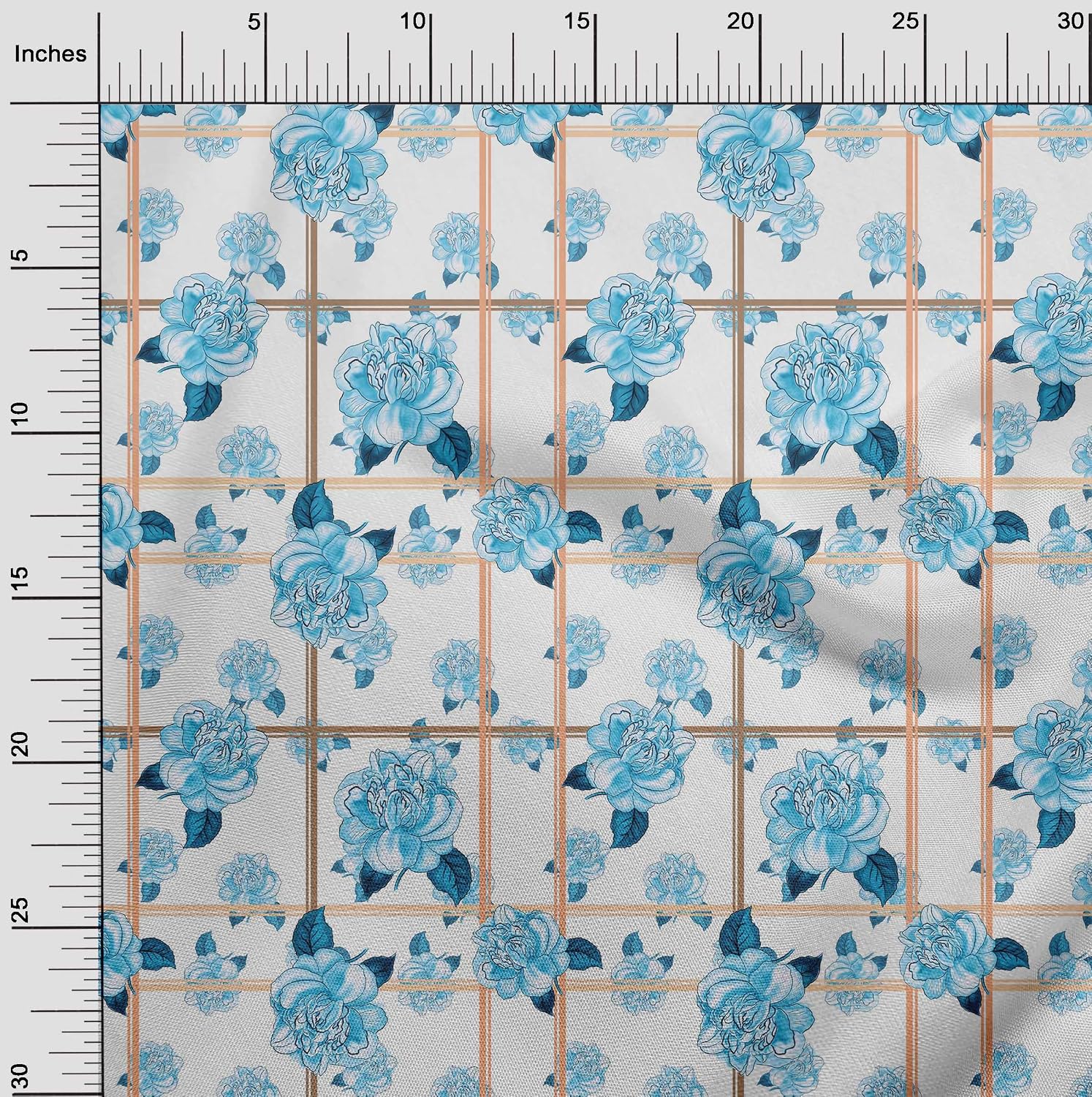 oneOone Viscose Chiffon Teal Blue Fabric Check,Leaves & Floral Artistic Sewing Material Print Fabric By The Yard 42 Inch Wide
