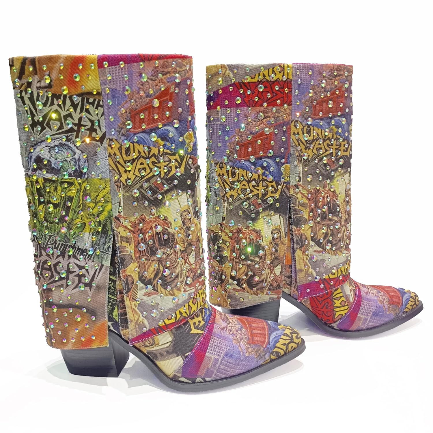 Womens Punk Rock Comic Graffiti Rhinestone Western Boots - Rolled-Cuff Mid-Calf 8 CM Chunky Heel Pointed Toe