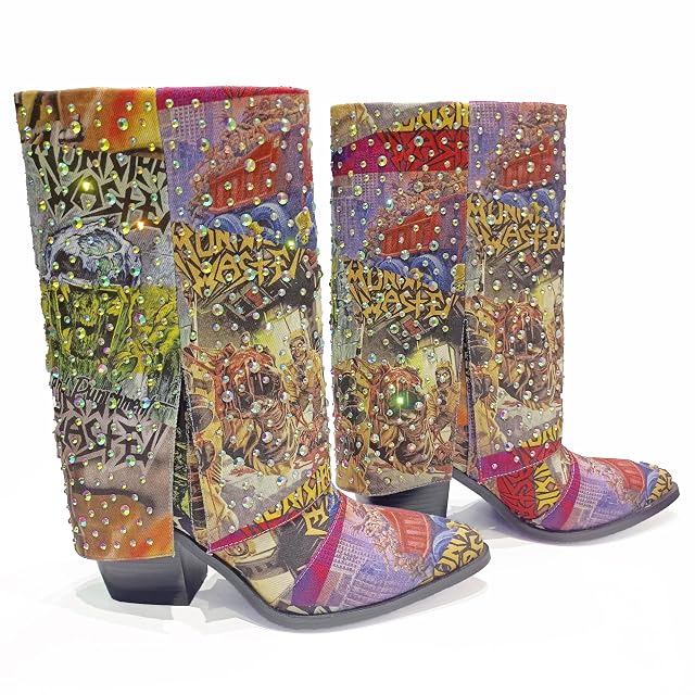 Womens Punk Rock Comic Graffiti Rhinestone Western Boots - Rolled-Cuff Mid-Calf 8 CM Chunky Heel Pointed Toe