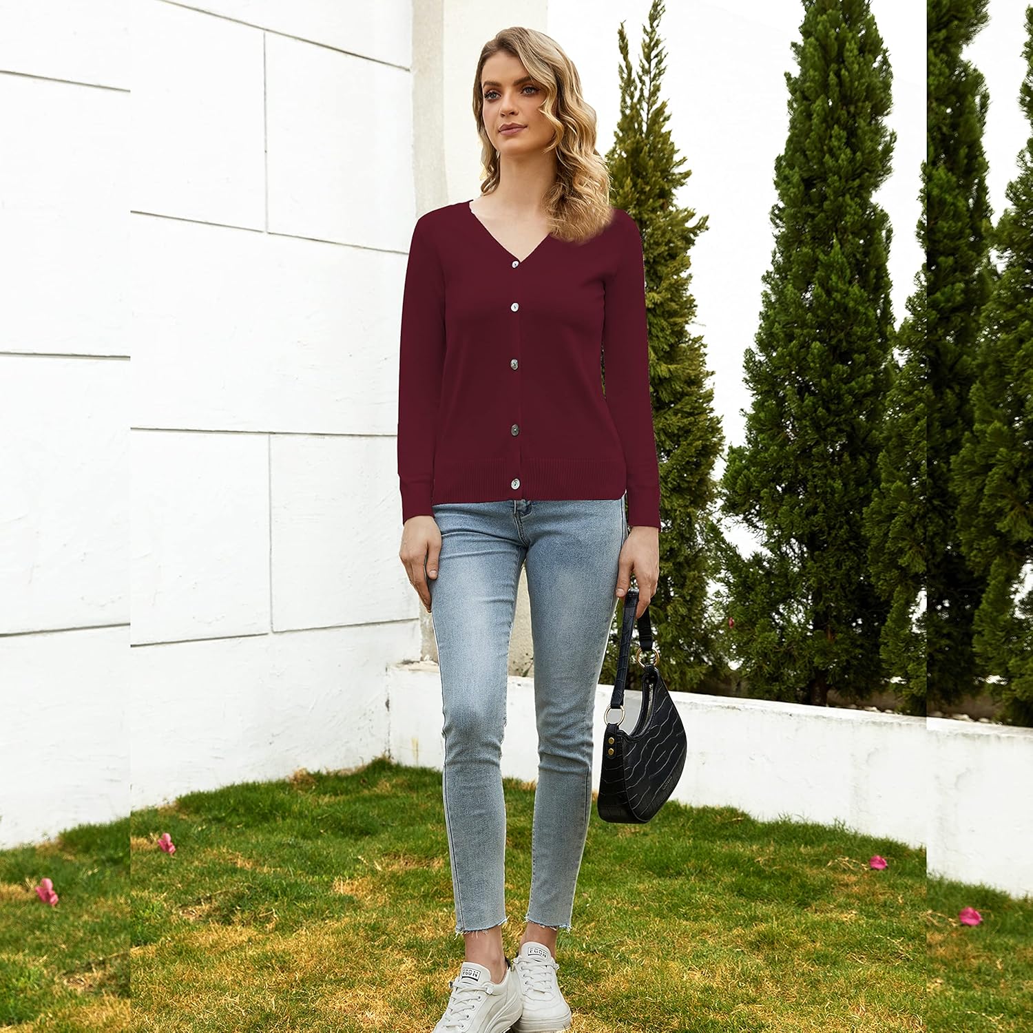 Women's V-Neck Long Sleeve Button Down Lightweight Sweater Soft Knit Cardigan - Image 3