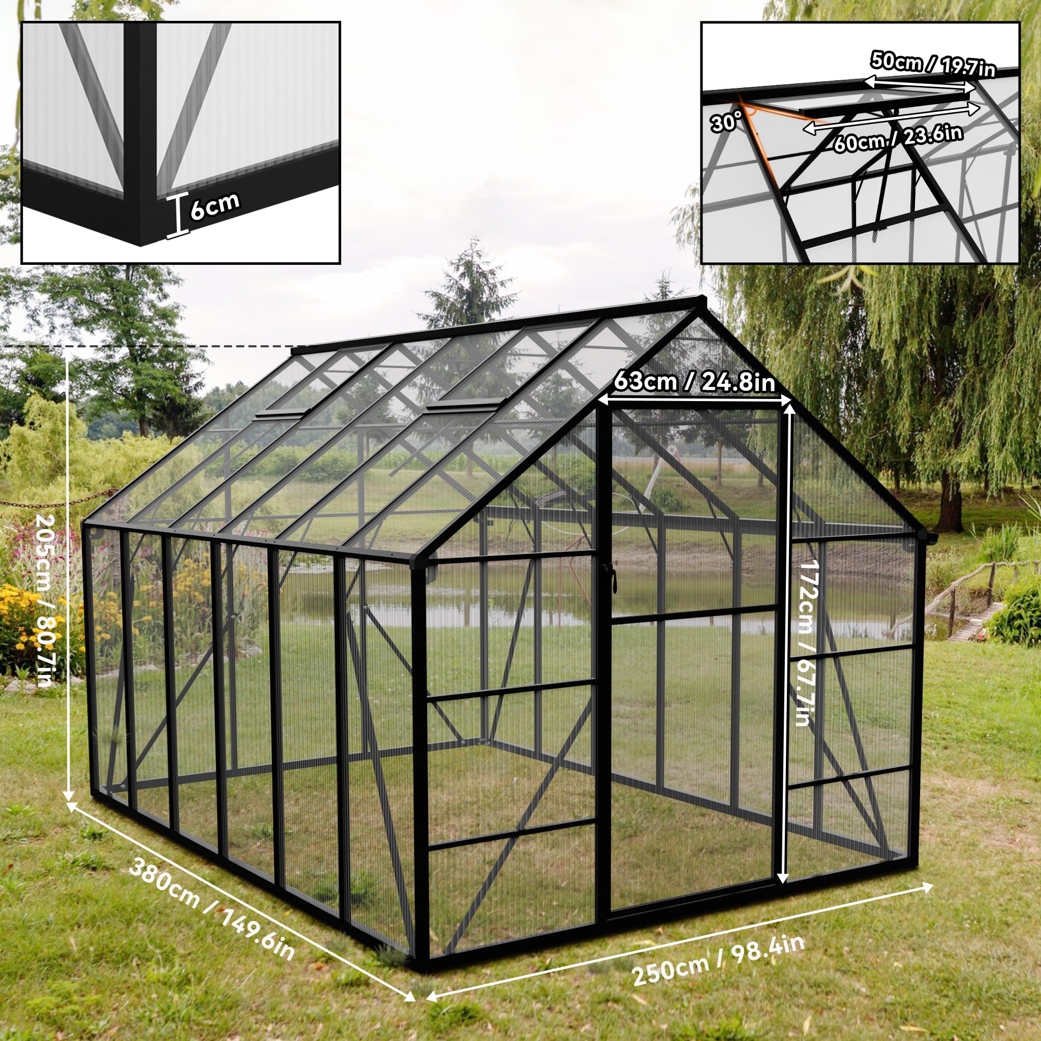 FIVMEN Serra in alluminio Serre da giardino con fondamenta da 6 cm e pannello PC da 4 mm Serra Tomatenhaus Casa da giardino resistente ai raggi UV resistente alle intemperie per il giardino, 380 x 250