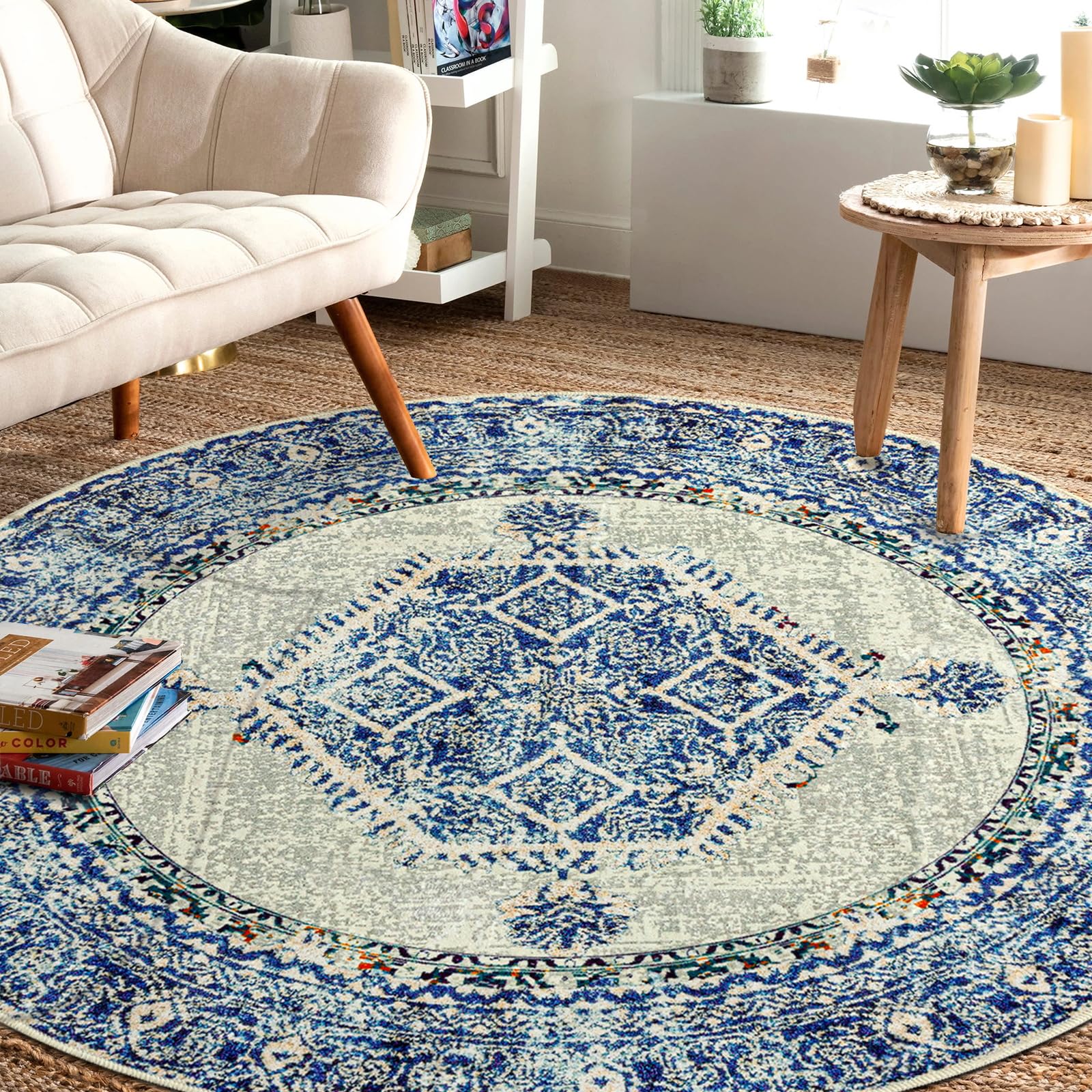 Tapis rond 1,8 m bleu crème vintage tapis de salon antidérapant