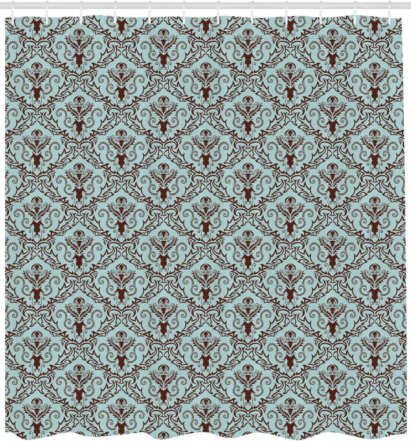Ambesonne Damask Shower Curtain, Classic Design Style Leaves Foliage Geometric Pattern Curvy Lines Ornate, Cloth Fabric Bathroom Decor Set with Hooks, 69" W x 75" L, Turquoise Brown