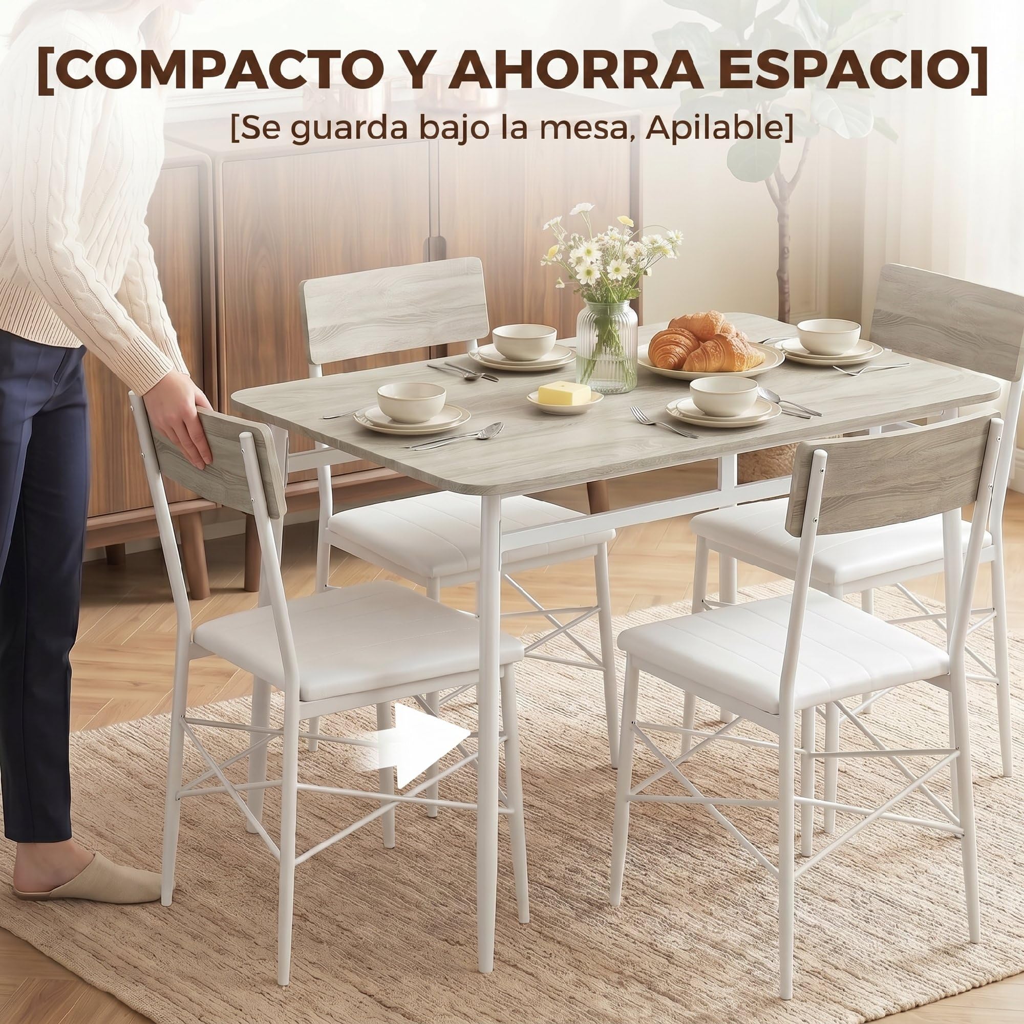 HOMCOM Juego de Mesa y Sillas de Comedor 5 Piezas Roble y Blanco | Mesa de Cocina Rectangular con 4 Sillas Acolchadas, Estilo Moderno, Marco Metálico, Espacios Pequeños, Salón, 106x66x75 cm