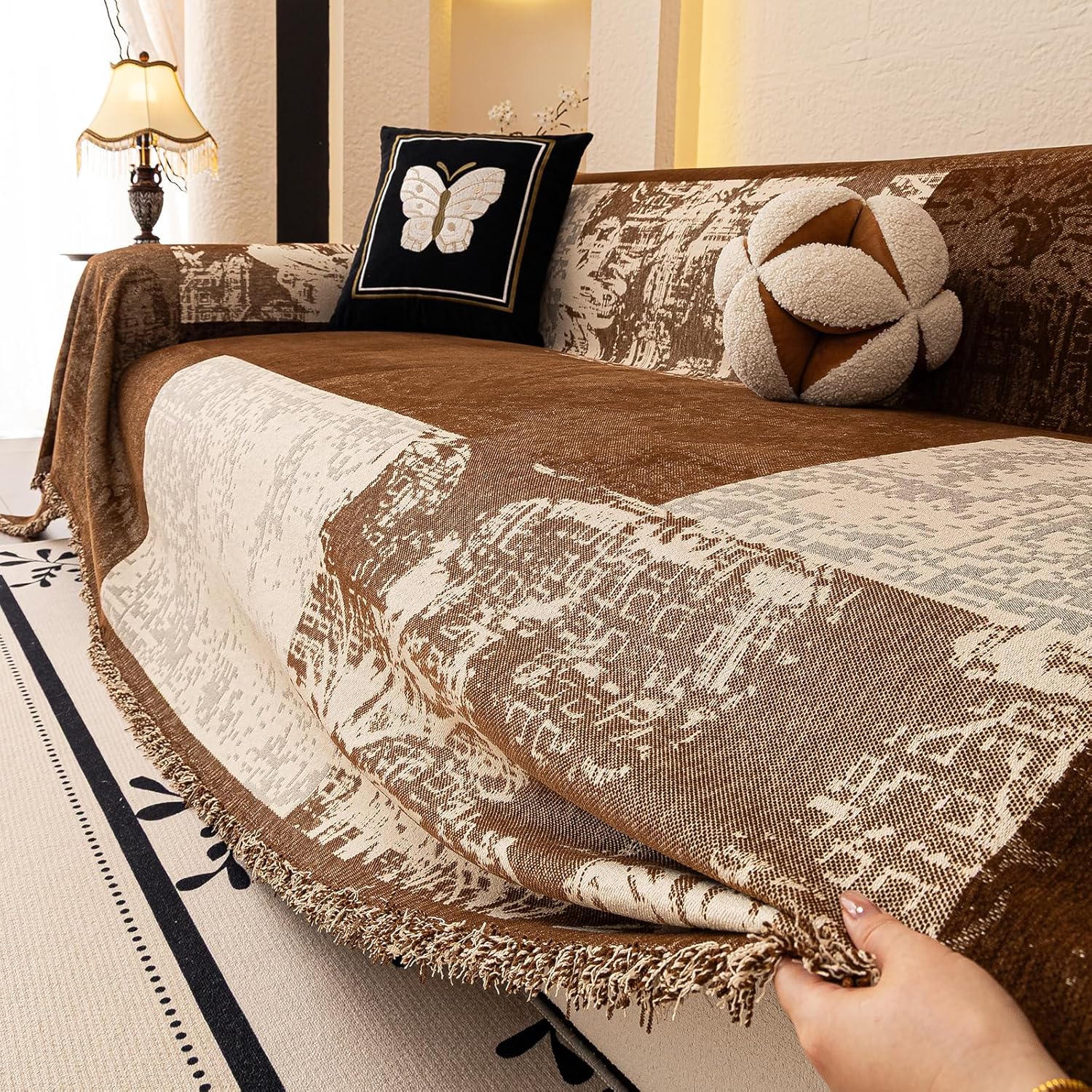 DREAMINGO Vintage Boho Couch Cover Abstract Farmhouse Style Sofa Covers Brown Beige Patchwork Couch Cover Blanket Multi-Texture Chenille Loveseat Covers Washable Furniture Protector 71"x118"