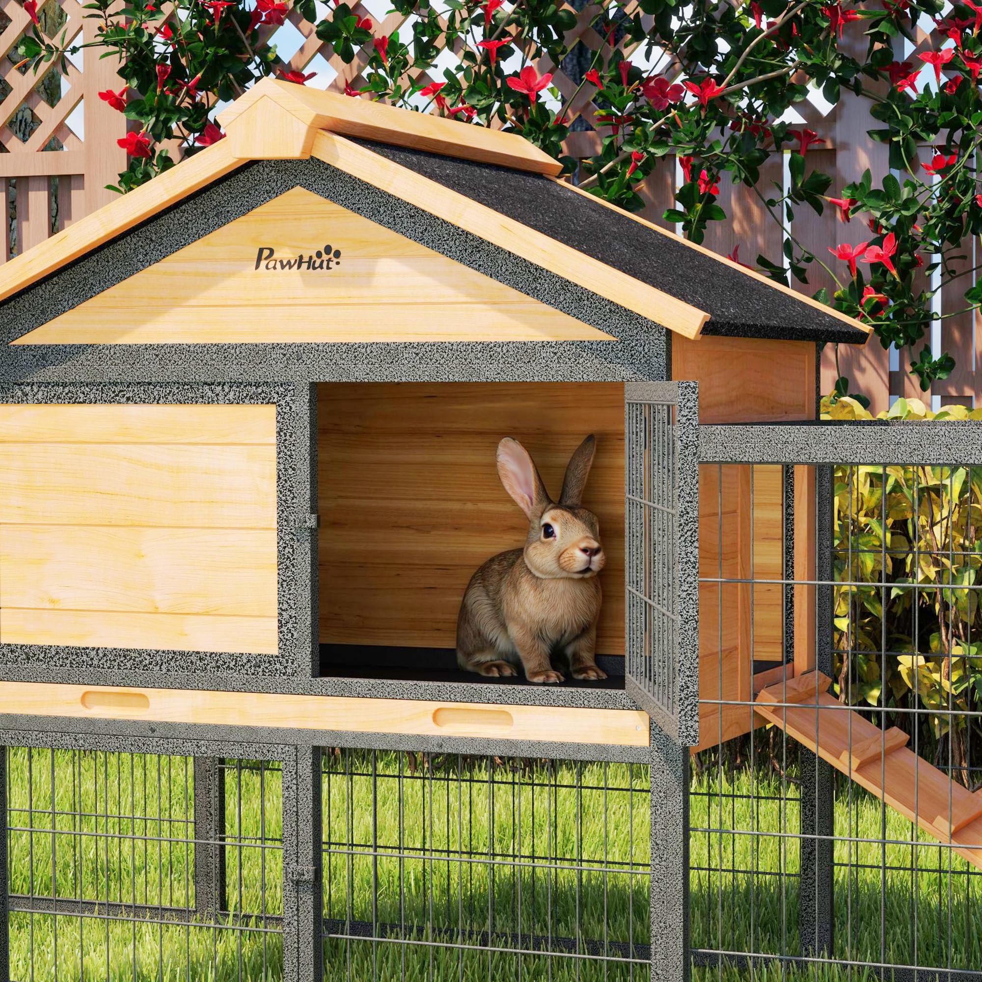 PawHut conigliera a 2 livelli con tetto a capanna in legno massiccio conigliera invernale a doppio piano con recinto per animali liberi 217x53x86 cm gabbia per conigli all'aperto conigliera per