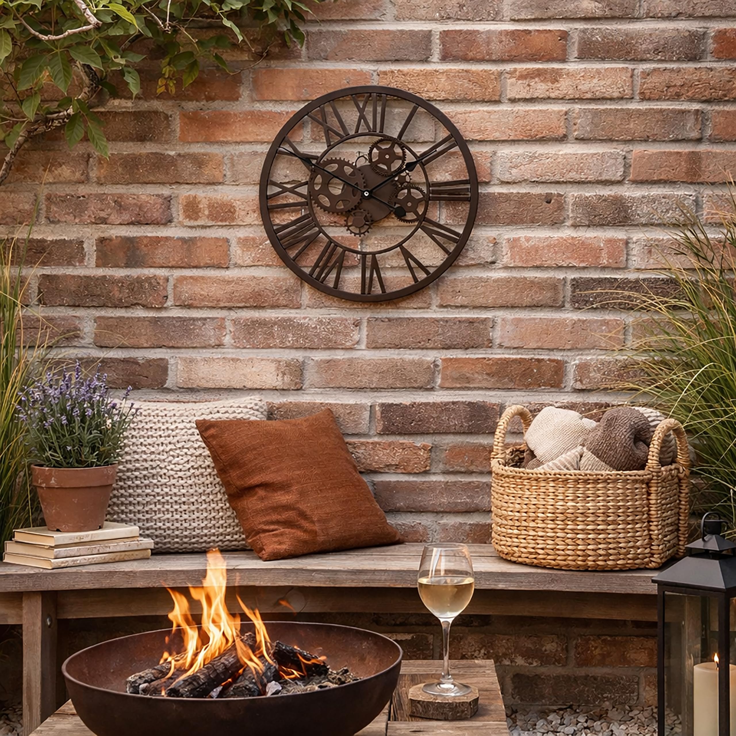 garden mile Orologio da parete tradizionale con numeri romani in stile vintage marrone impermeabile a batteria, grande metallo retrò a ingranaggio rotondo scheletro orologi da parete giardino patio