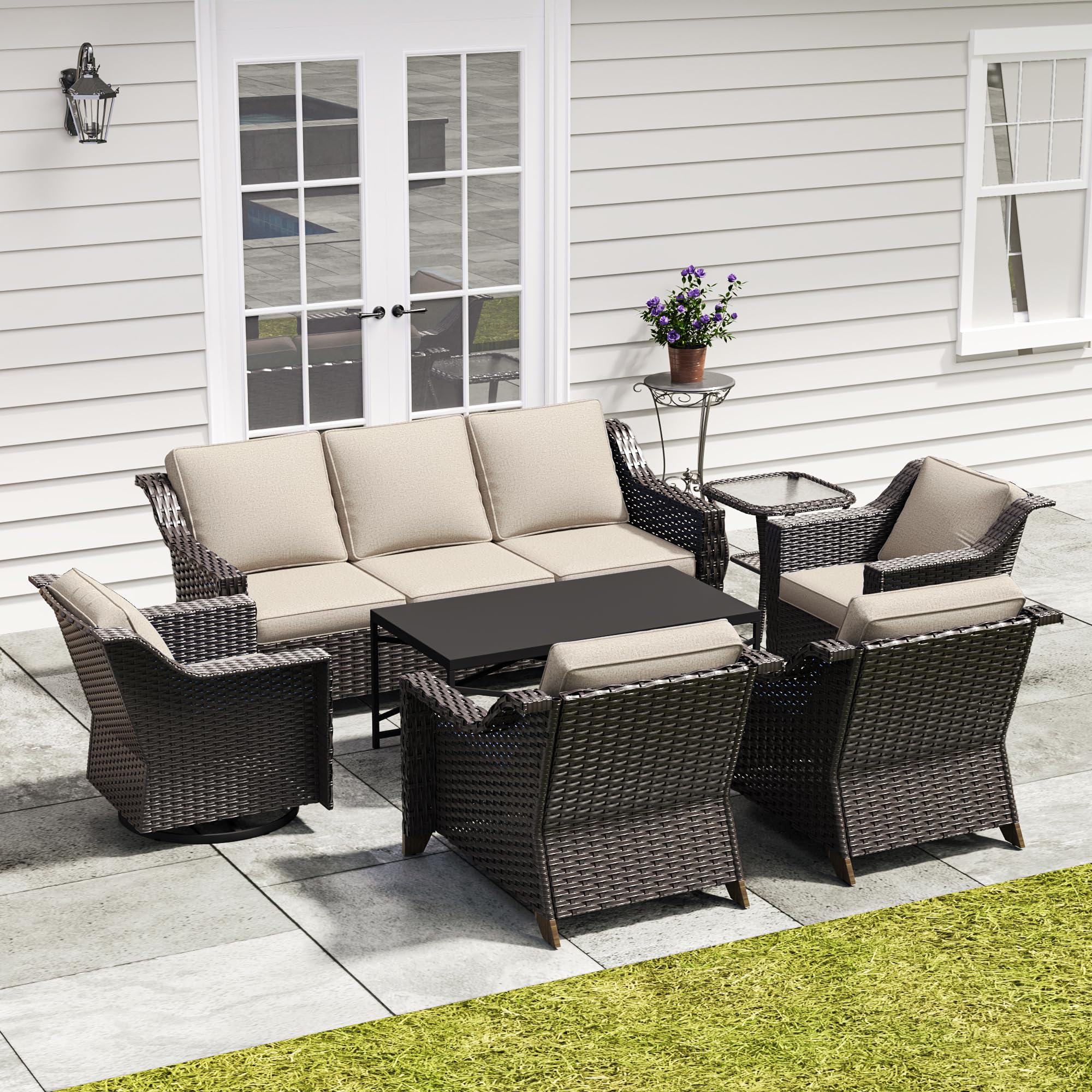 7 Piece Patio Furniture Set, Wicker Outdoor Conversation Set