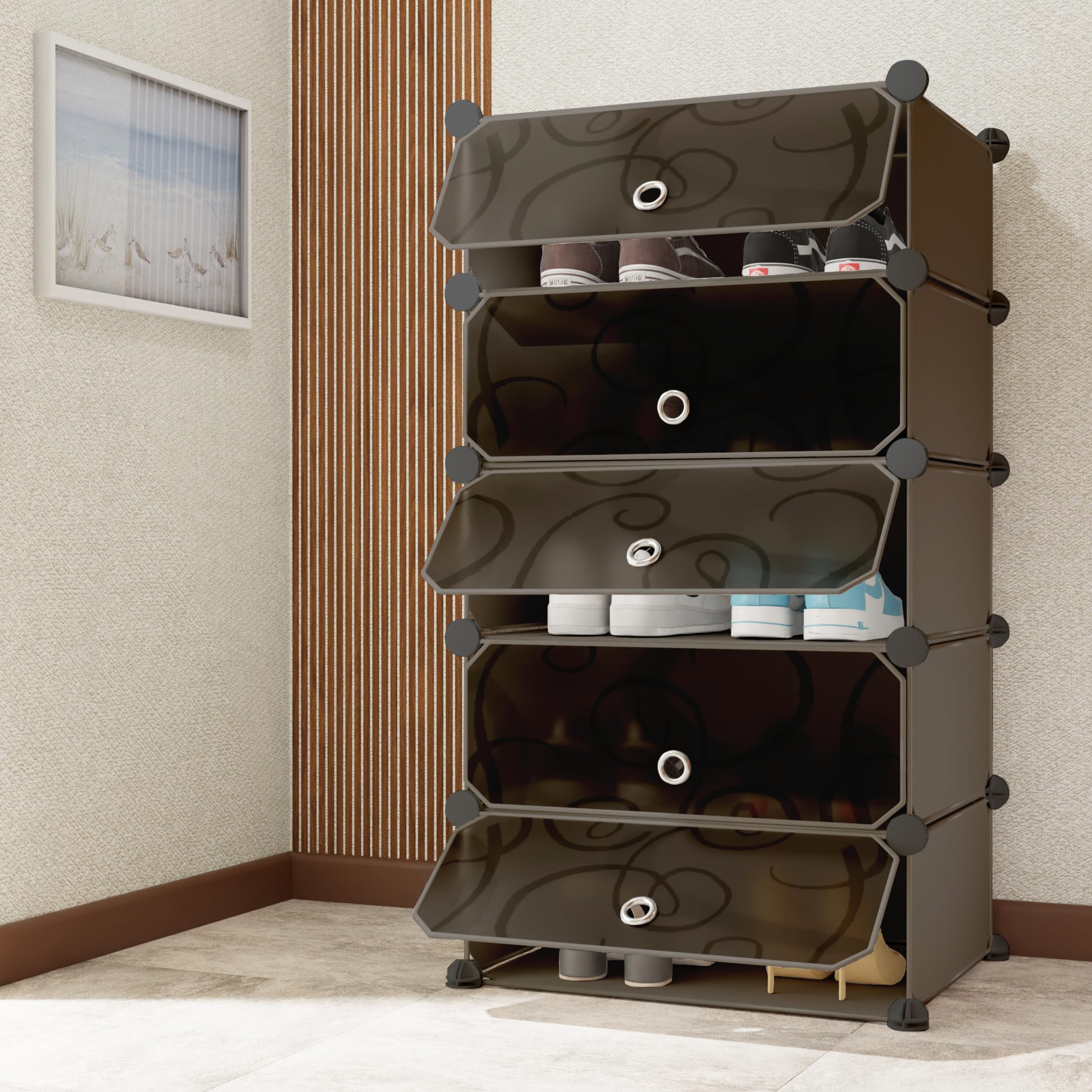 Premium Multipurpose Modular 𝟓 𝐒𝐇𝐄𝐋𝐅 Plastic Shoe Rack for Home with 5 Door | Stackable Organizer | Waterproof & Dustproof | Space Saving Storage for Home, Bedroom & Entryway - Black-image-2