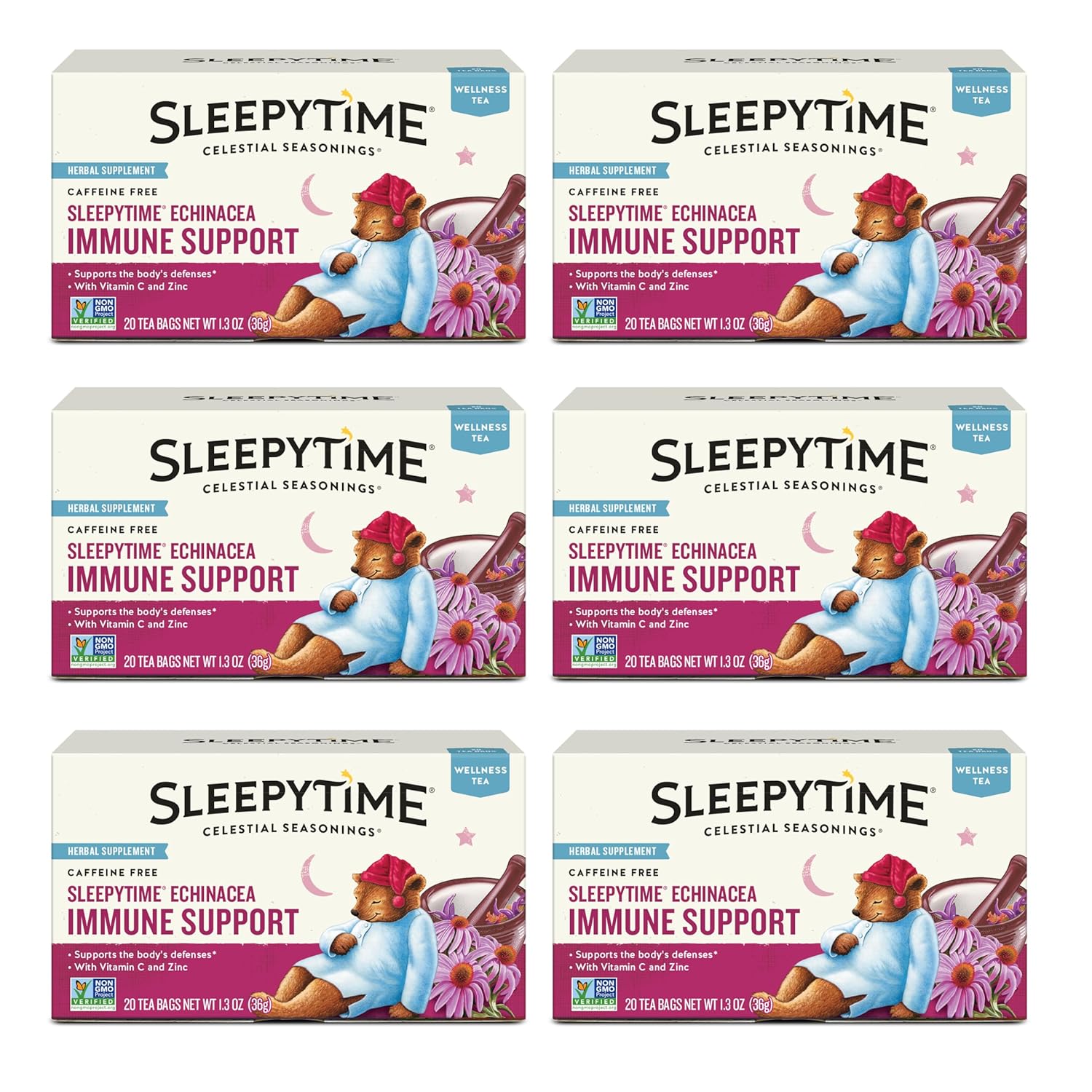 Celestial Seasonings Sleepytime Wellness Echinacea Immune Boost, Caffeine Free, 20 Tea Bags Box, (Pack of 6)