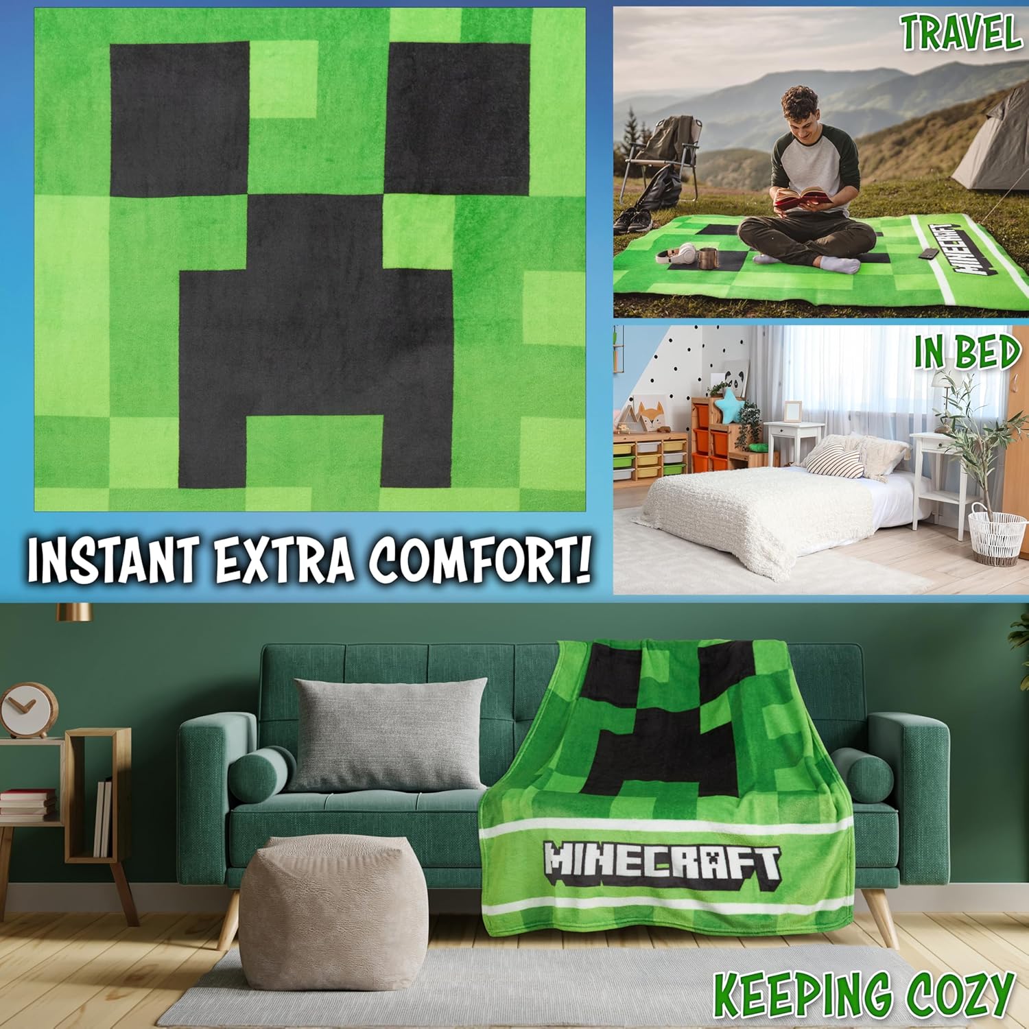 Minecraft Creeper Fleece Blanket for Kids Teens 46.5" x 39.4" Green Soft Plush Throw for Bed Sofa Couch Gamer Room Decor Gifts for Kids - Image 4