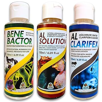 Jothi Aquatics Aquarium Starter Kit Combo | AL Solution + Clarifex + Bene Bactor | 3x120ml | Natural Water Conditioner, Clarifier & Beneficial Nitrifying Bacteria for Freshwater Fish Tank