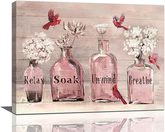 Farmhouse Pink Flower Bathroom Decor Wall Art Rustic Floral Cardinal Fashion