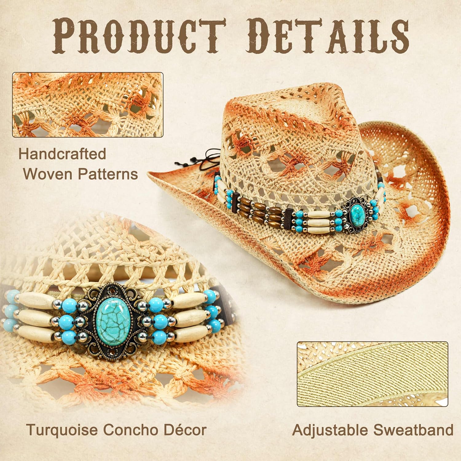 FLUFFY SENSE. Cowgirl Hats for Women Straw Cowboy Hat Western Beach Sun Hat with Shapeable Brim for Coastal Cowgirl - Image 6